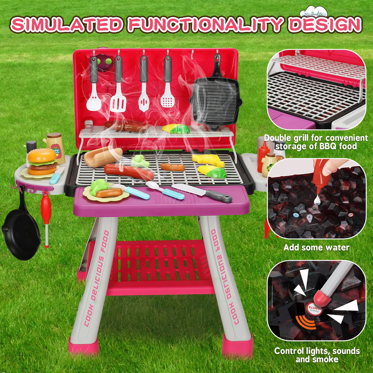 Bstoyder Kids Pink Grill Playset – 73-Piece BBQ Kitchen Toy with Smoke & Lights