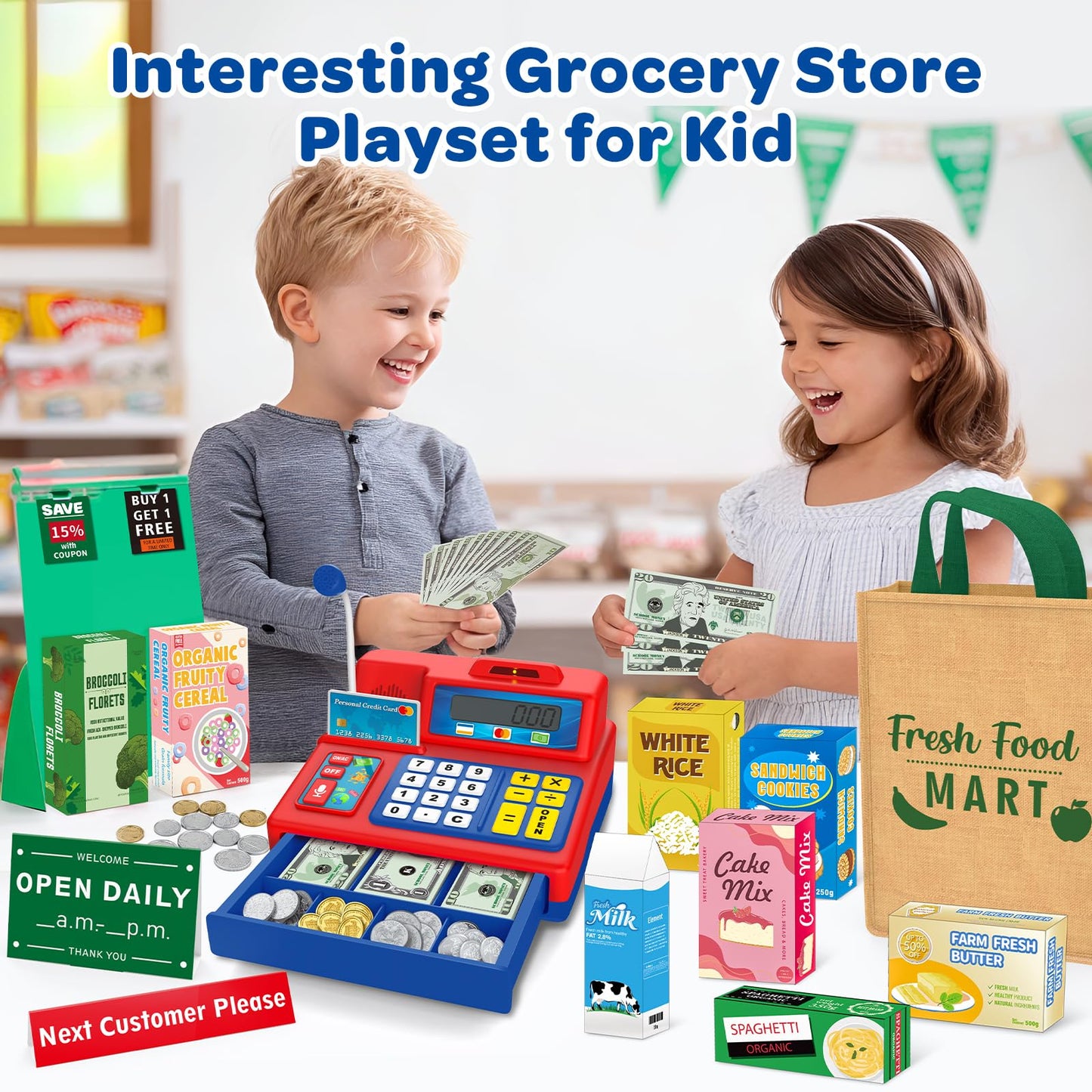 Bstoyder Calculator Cash Register Toy – 120-Piece Grocery Store Playset for Kids Aged 3-8
