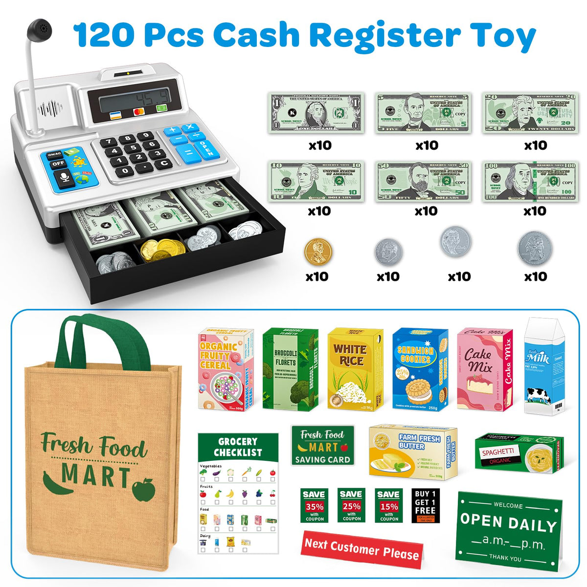 Bstoyder Calculator Cash Register Toy – 120-Piece Grocery Store Playset for Kids 3-8 (Silvery)