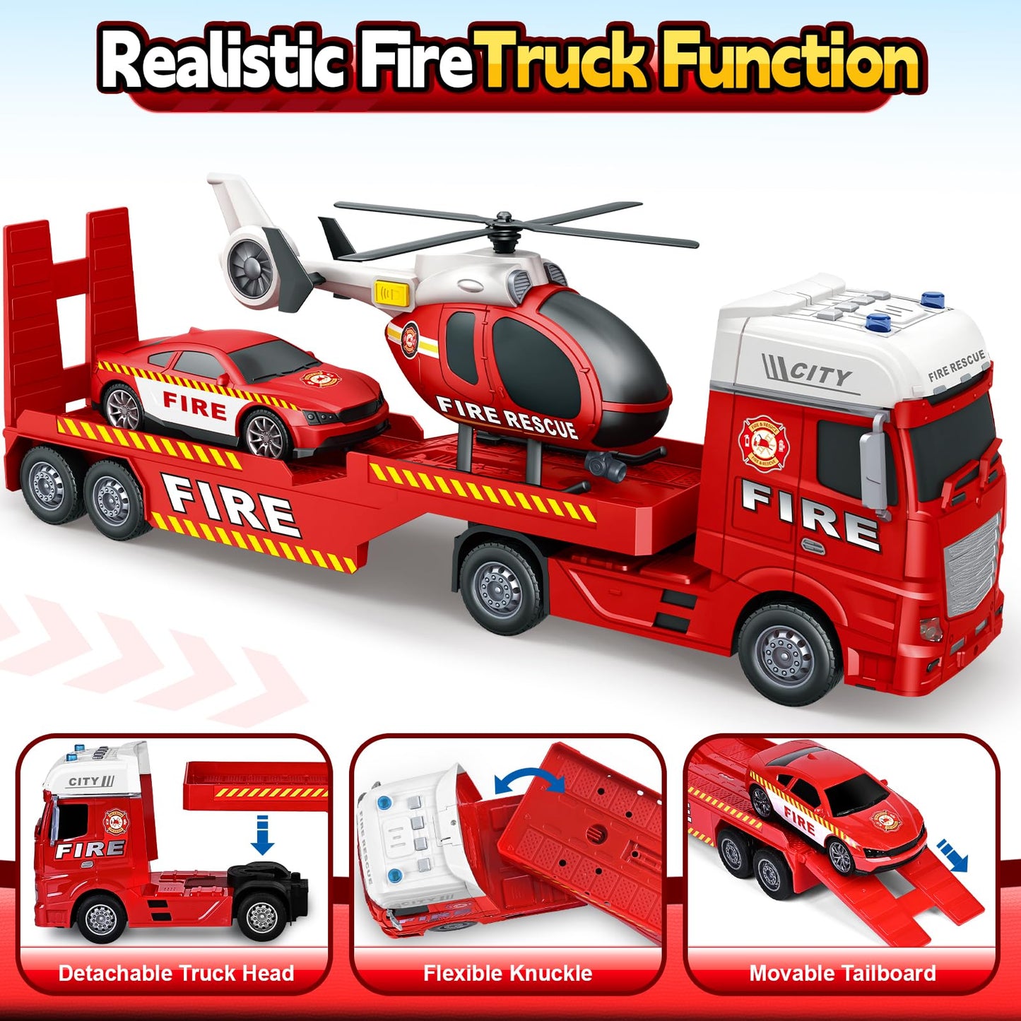 Bstoyder 25-Inch 3-in-1 Fire Truck Toy with Helicopter & Racing Car