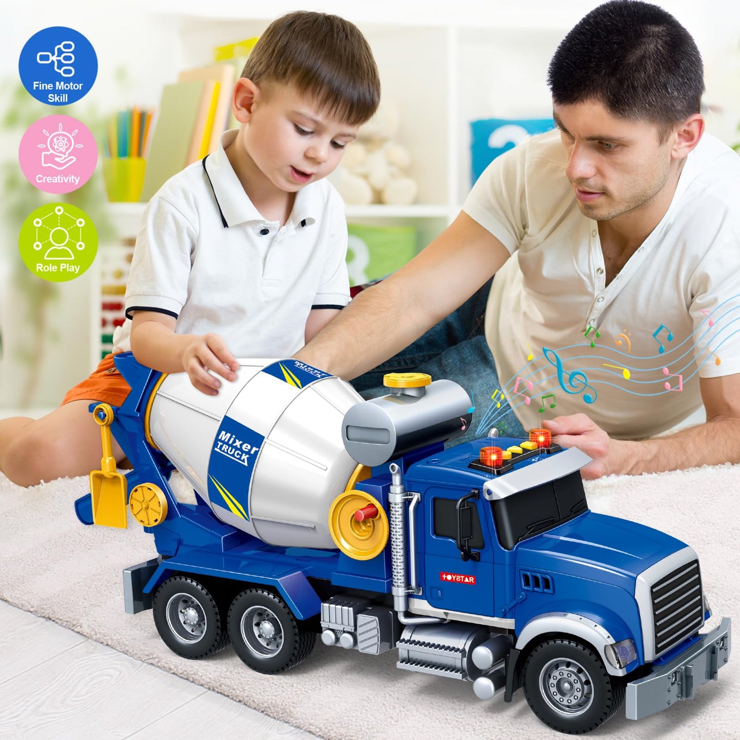 Bstoyder 15-Inch Cement Mixer Truck Toy with Lights & Sounds | Friction-Powered Vehicle for 3–8 Years