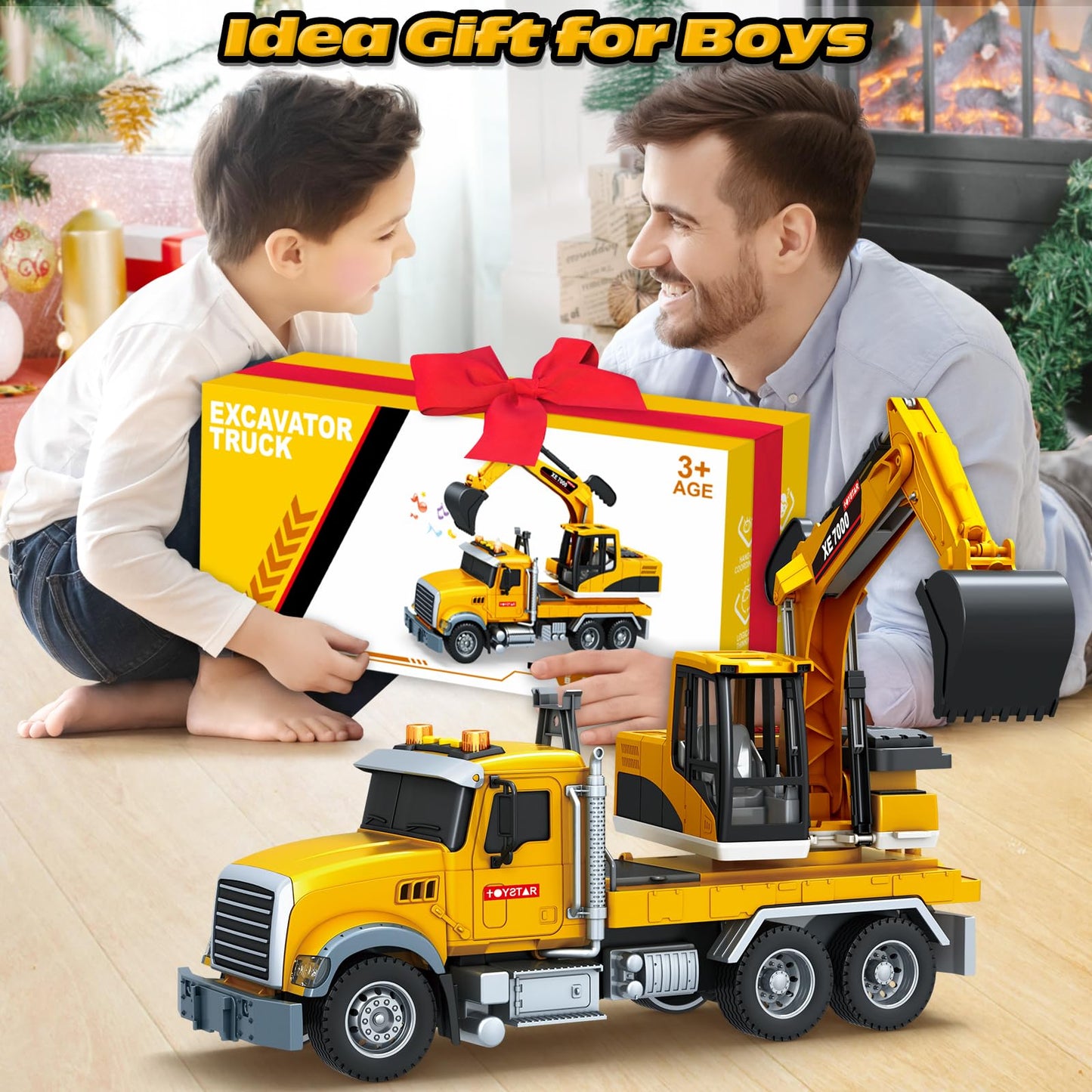 Bstoyder Large Excavator Truck Toy with Lights & Sounds | Friction-Powered for Kids 3–8