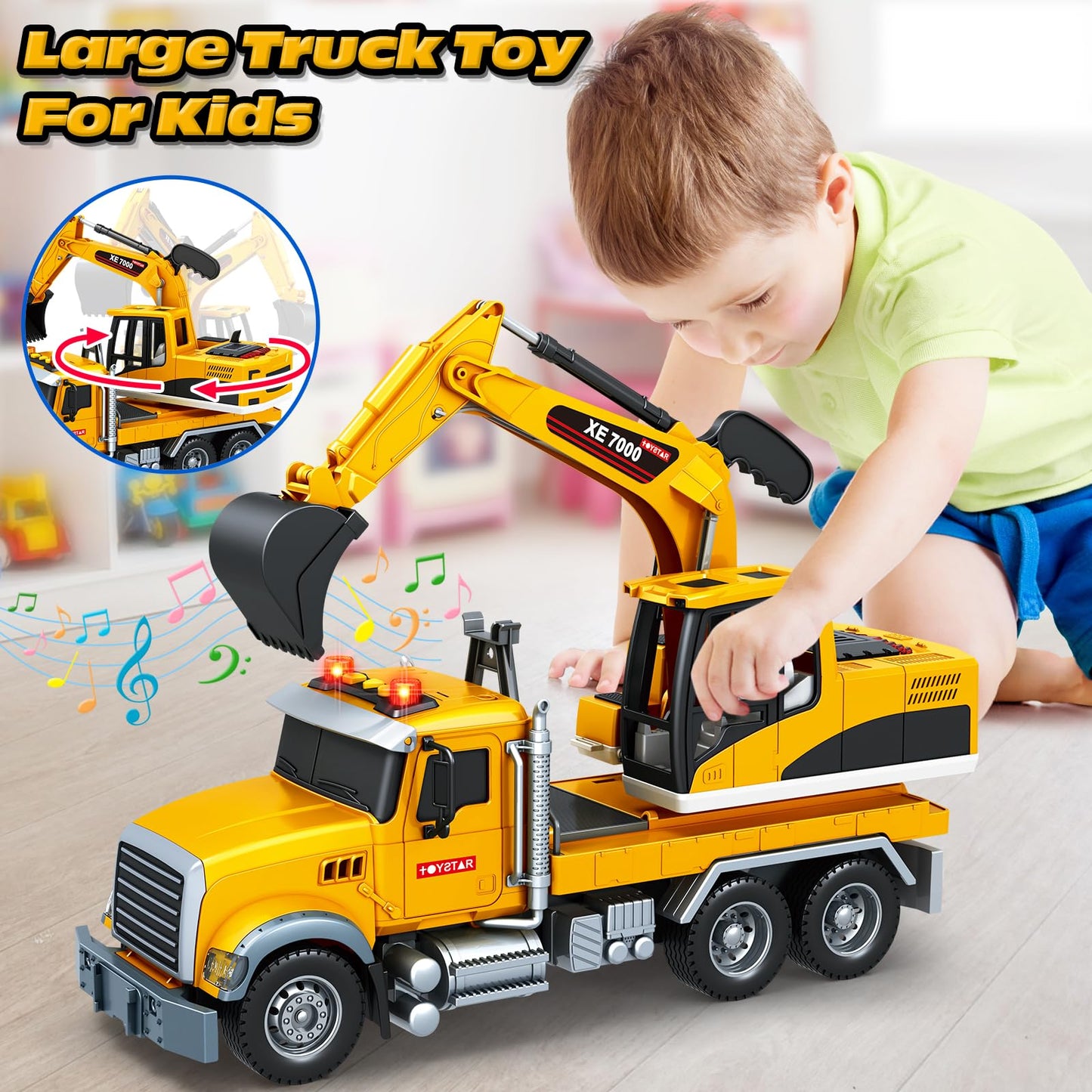 Bstoyder Large Excavator Truck Toy with Lights & Sounds | Friction-Powered for Kids 3–8