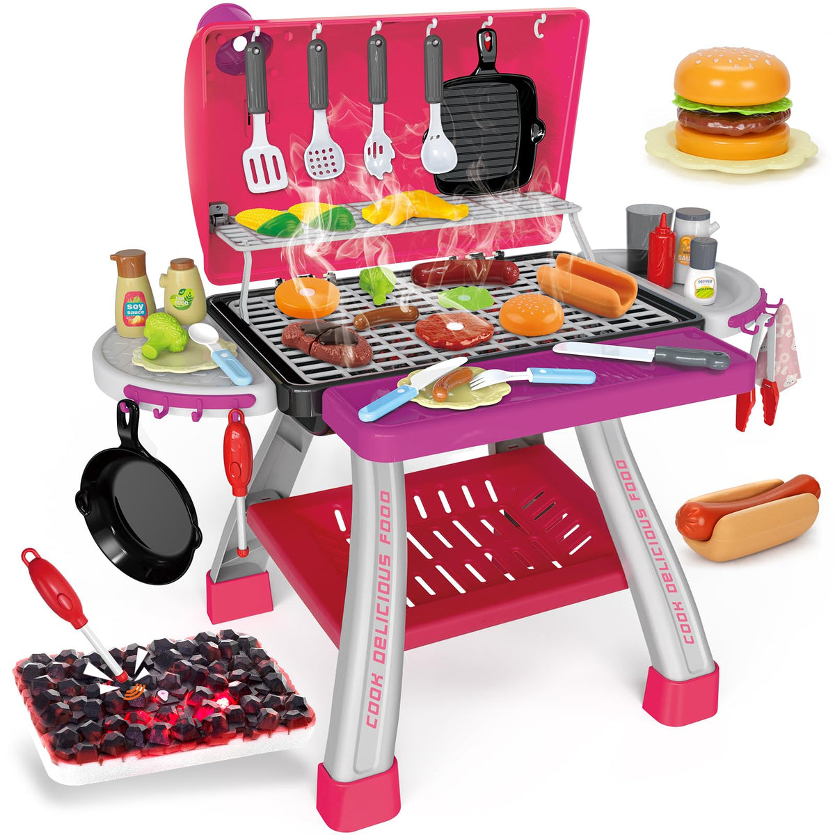 Bstoyder Kids Pink Grill Playset – 73-Piece BBQ Kitchen Toy with Smoke & Lights