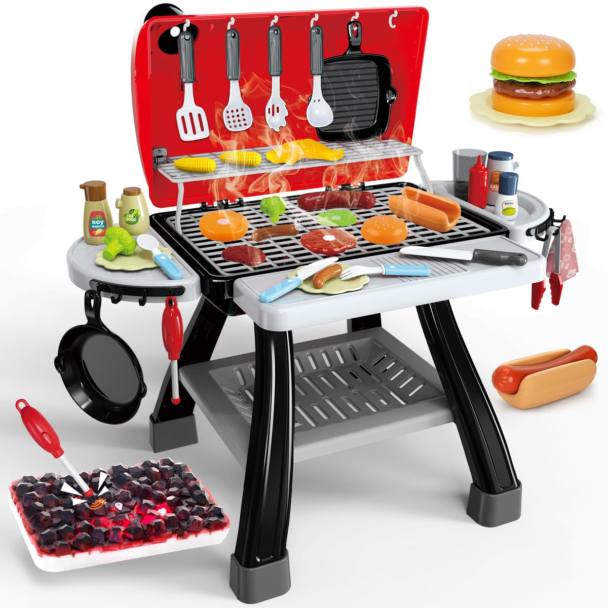 BSTOYDER Kids Play Kitchen Grill Set – 2-Layer BBQ with Smoke, Sound & Light (Ages 3-5)