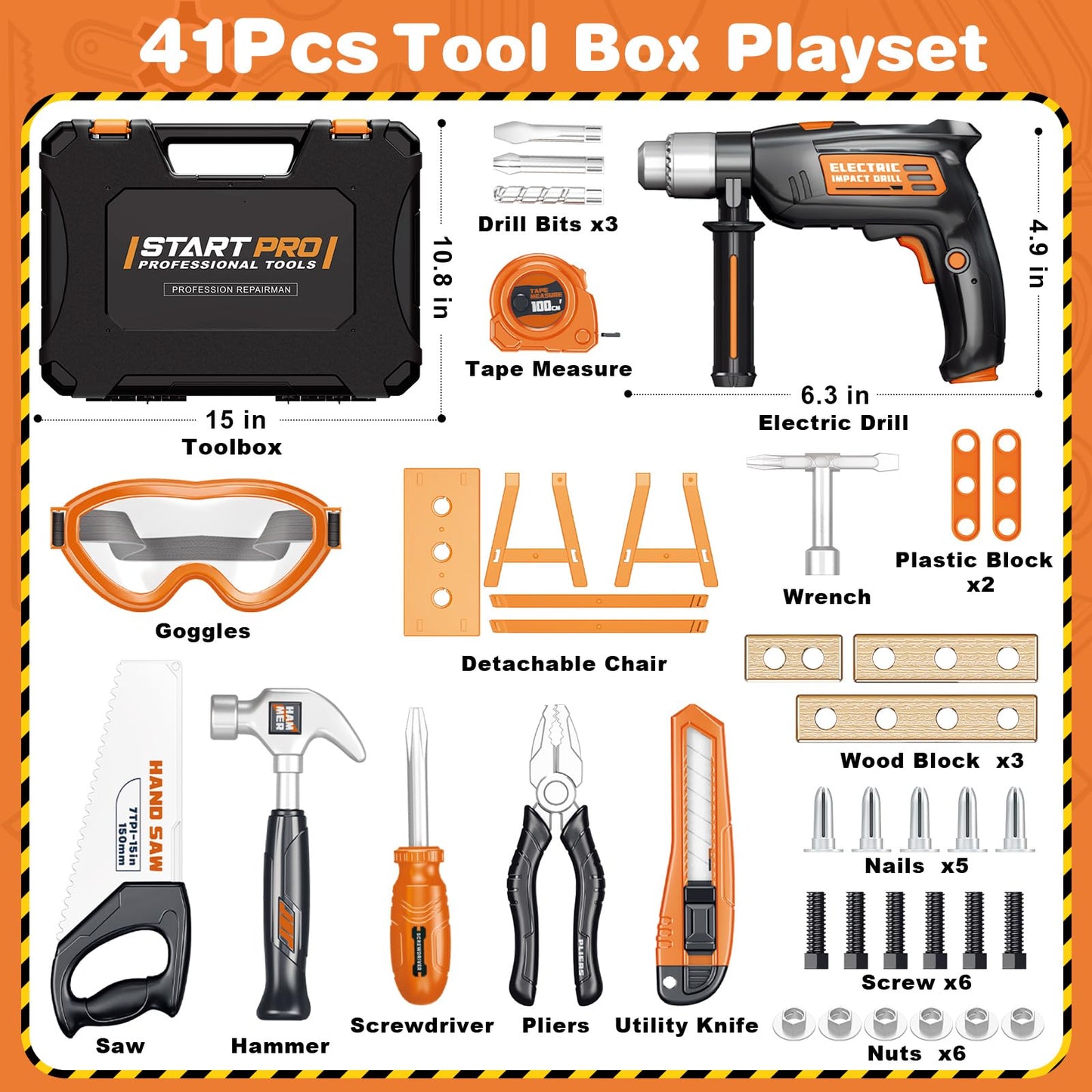 Bstoyder Kids Tool Set – 41 Realistic Tools with Drill & Toolbox for Toddlers