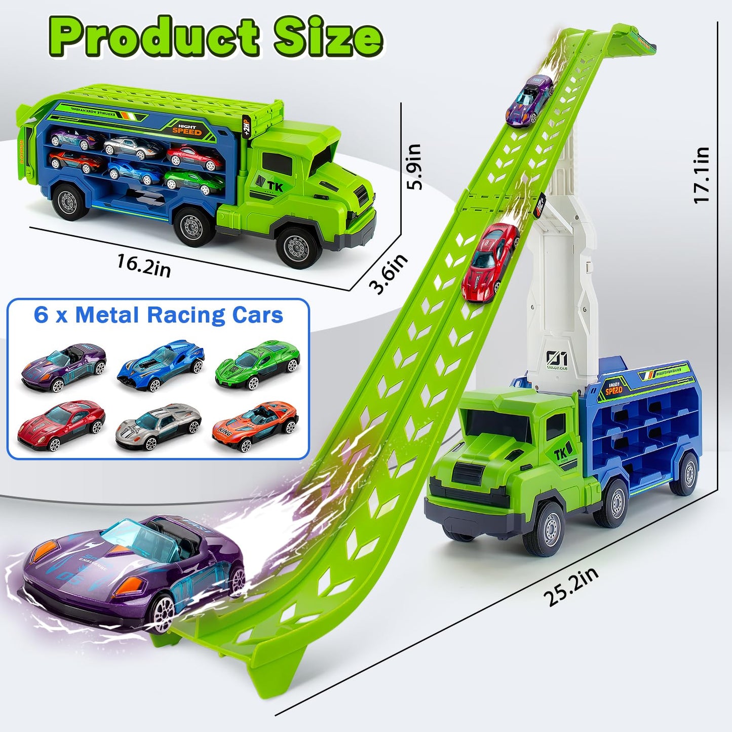 Bstoyder Car Carrier Truck Toy Set with Foldable Race Track & 6 Metal Cars