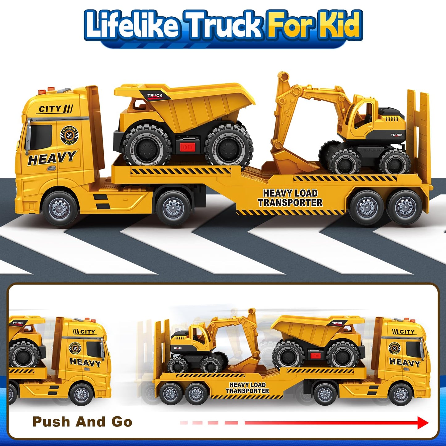 Bstoyder 25-Inch 3-in-1 Toddler Construction Truck with Excavator & Dump Truck