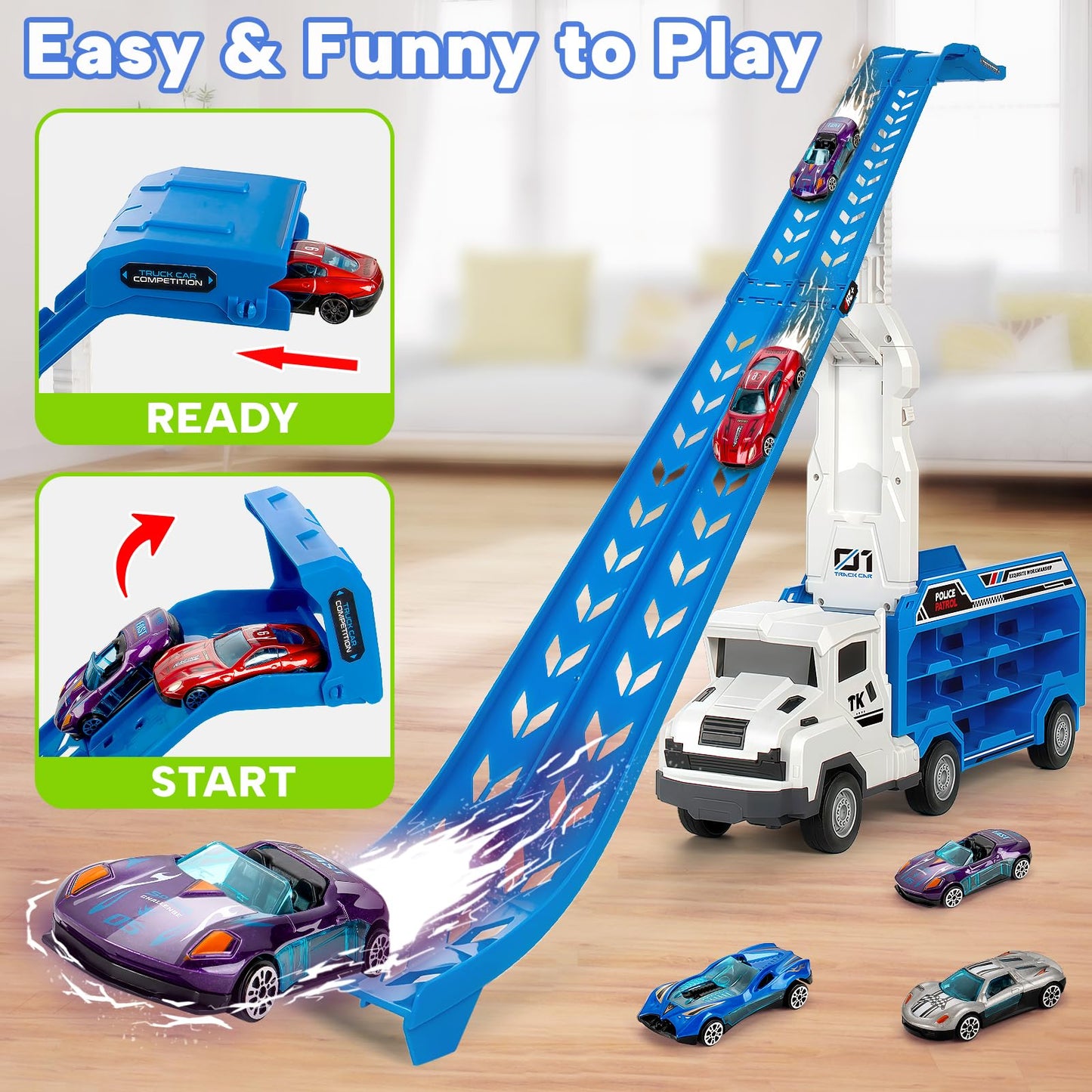Bstoyder Kids Car Carrier Truck Playset — Foldable 2-Layer Race Track, 6 Metal Cars