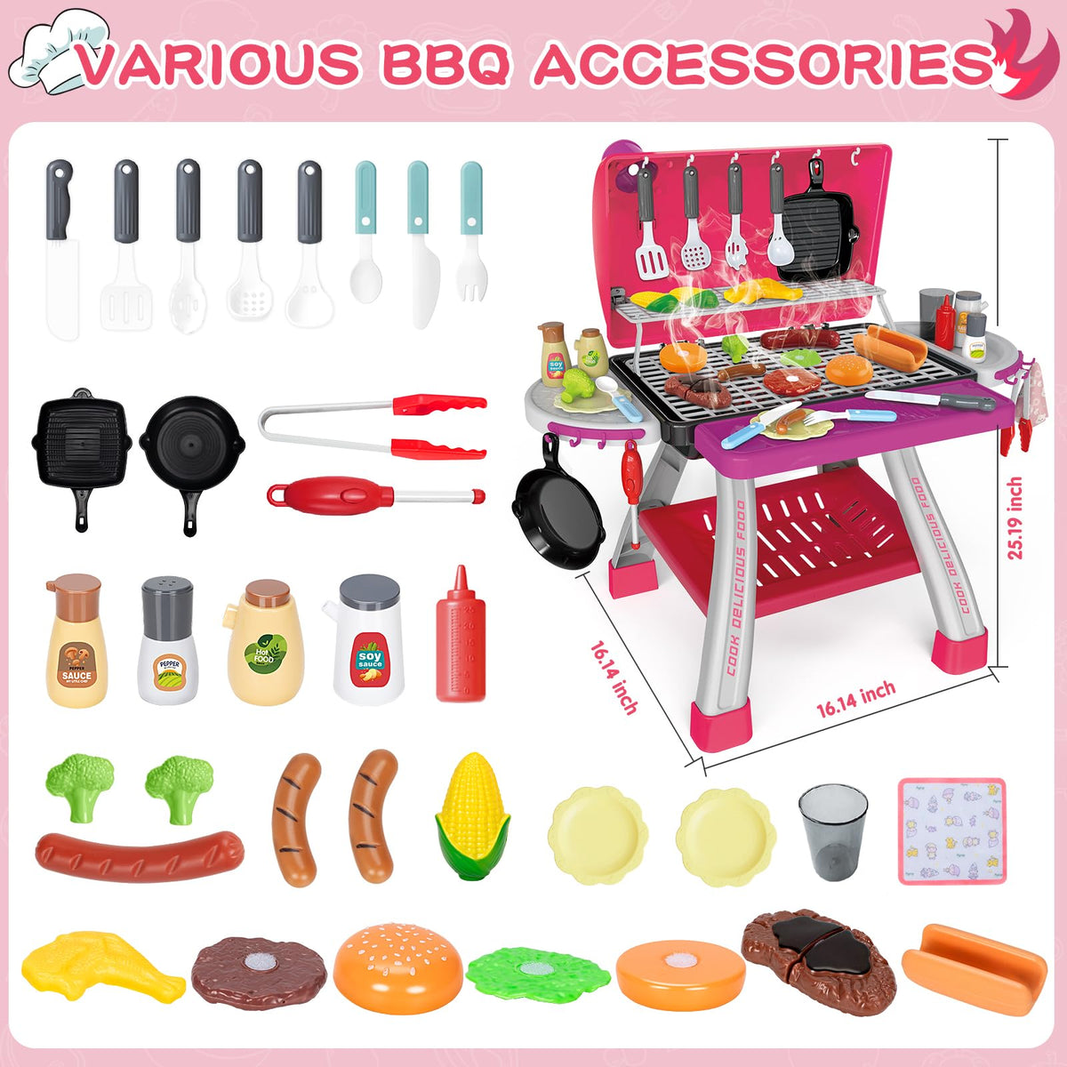 Bstoyder Kids Pink Grill Playset – 73-Piece BBQ Kitchen Toy with Smoke & Lights