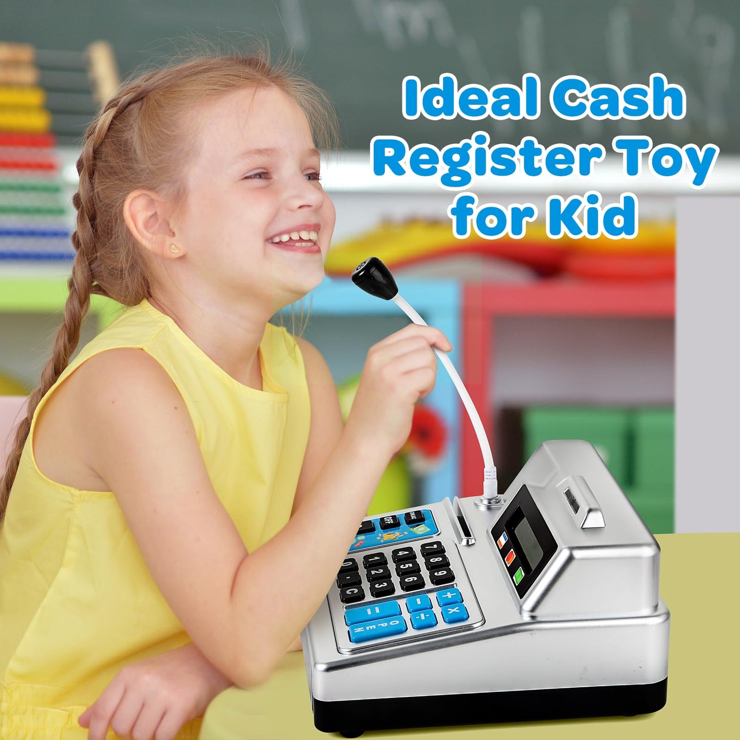 Bstoyder Calculator Cash Register Toy – 120-Piece Grocery Store Playset for Kids 3-8 (Silvery)