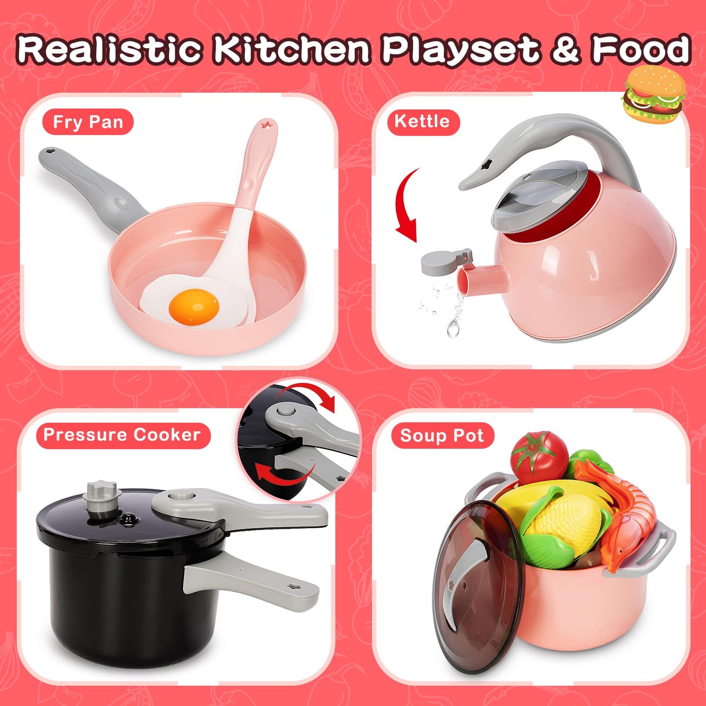 Bstoyder 168-Pcs Kids Play Kitchen Set with Induction Cooktop – Pretend Cooking & Money Play