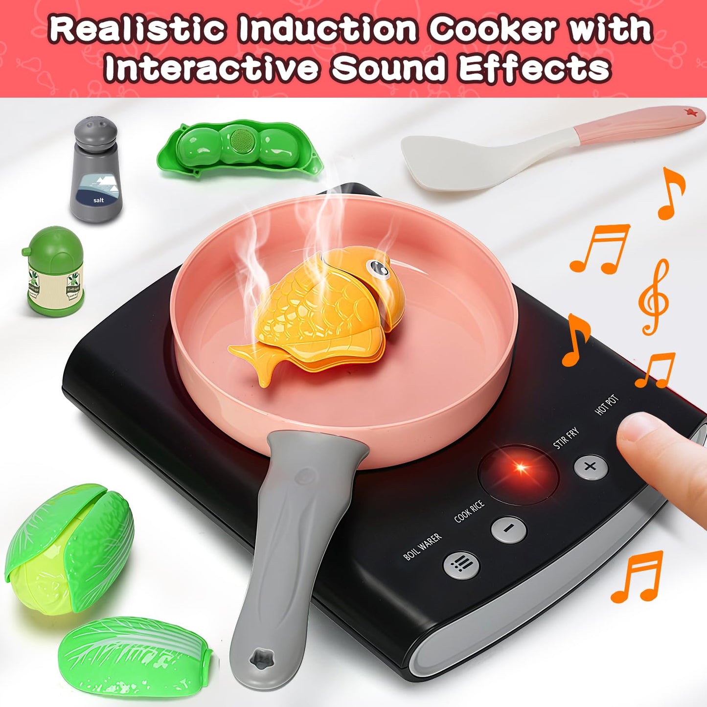 Bstoyder 168-Pcs Kids Play Kitchen Set with Induction Cooktop – Pretend Cooking & Money Play