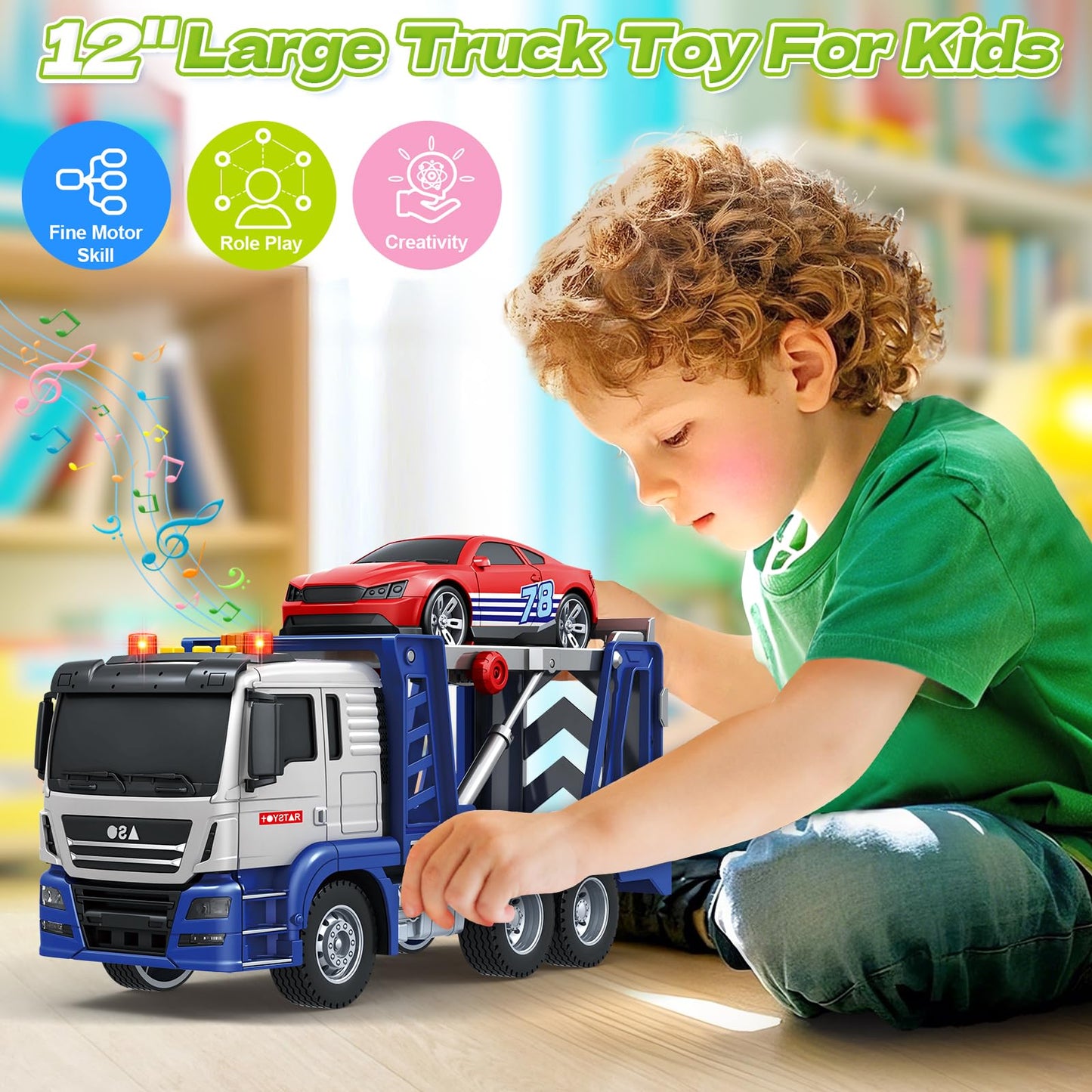 Bstoyder Transport Carrier Truck with Lights & Sounds – Friction-Powered Toy for Kids 3–8