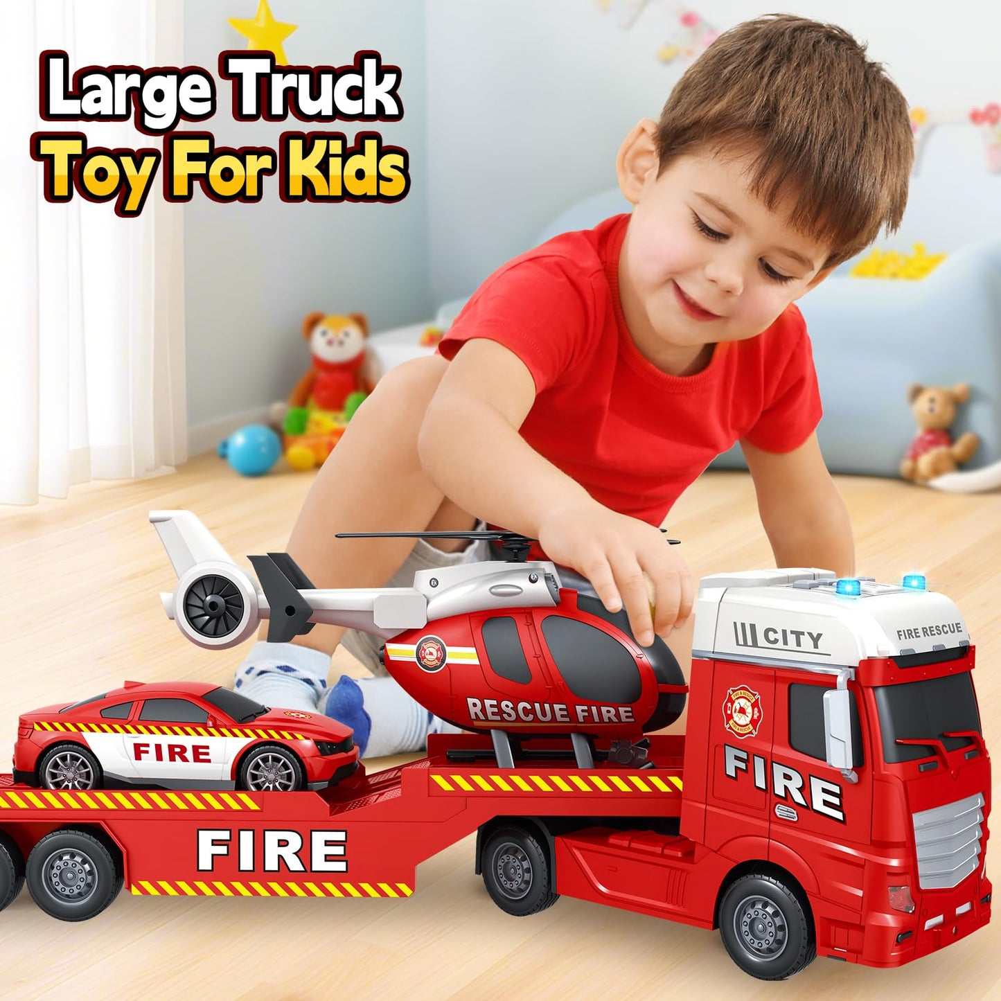 Bstoyder 25-Inch 3-in-1 Fire Truck Toy with Helicopter & Racing Car