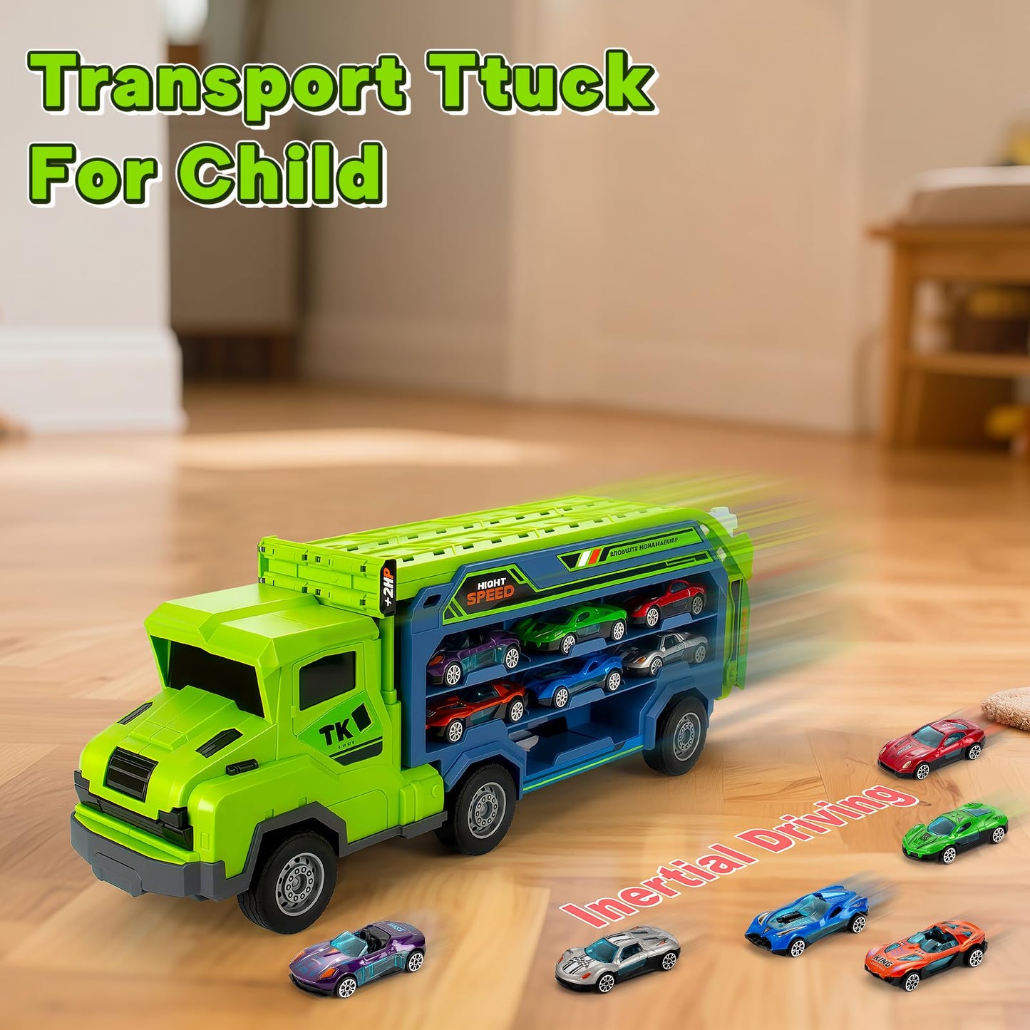Bstoyder Car Carrier Truck Toy Set with Foldable Race Track & 6 Metal Cars