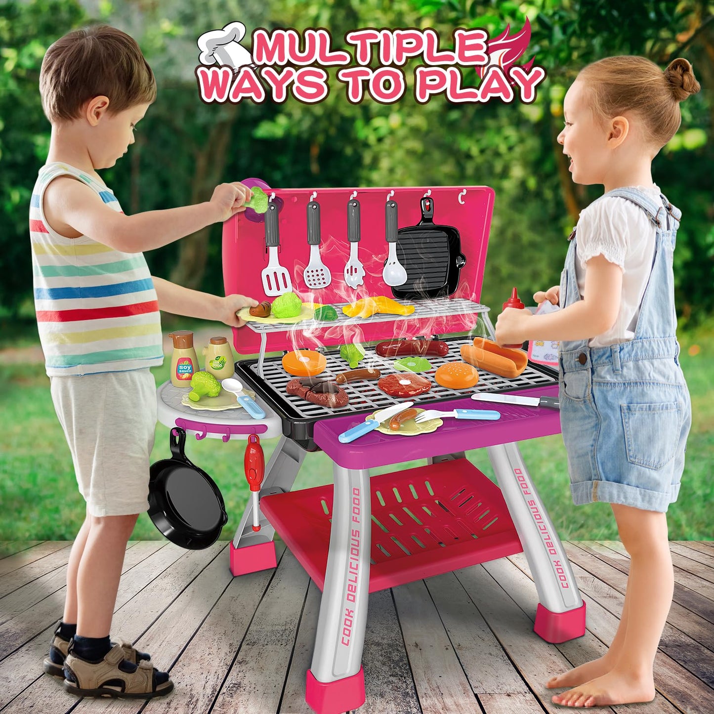 Bstoyder Kids Pink Grill Playset – 73-Piece BBQ Kitchen Toy with Smoke & Lights