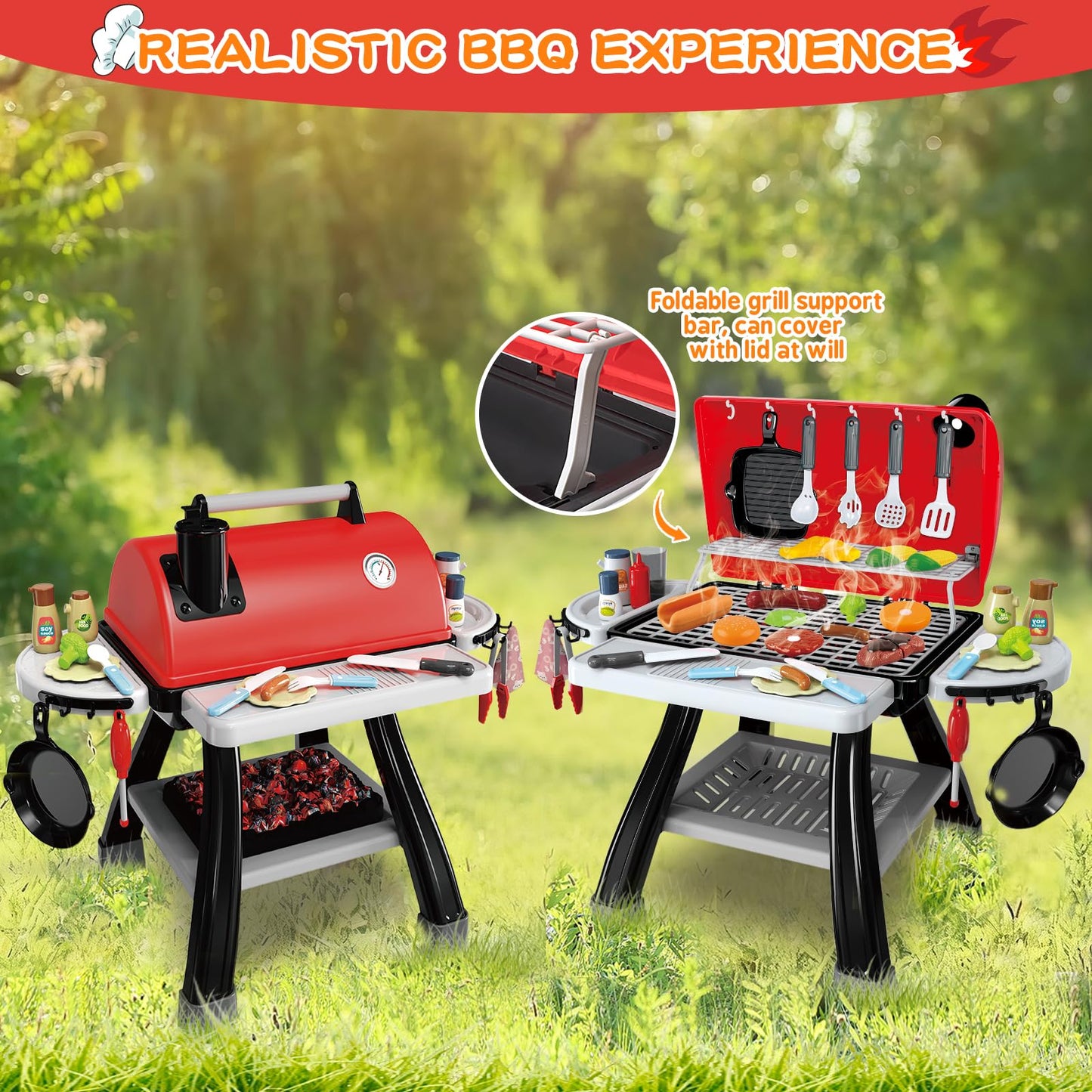 BSTOYDER Kids Play Kitchen Grill Set – 2-Layer BBQ with Smoke, Sound & Light (Ages 3-5)