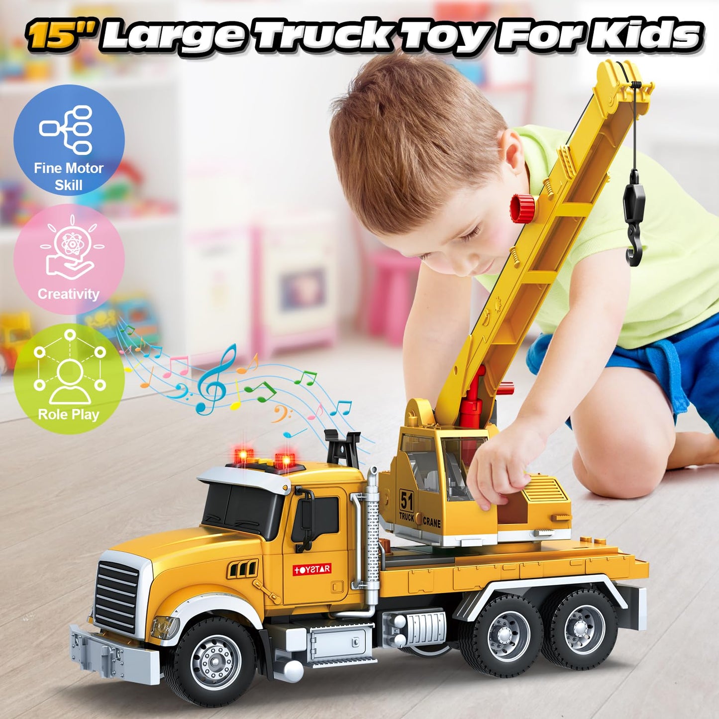 Bstoyder Crane Truck Toy with Lights & Sounds – Friction-Powered 14-Inch Vehicle for Kids 3-8