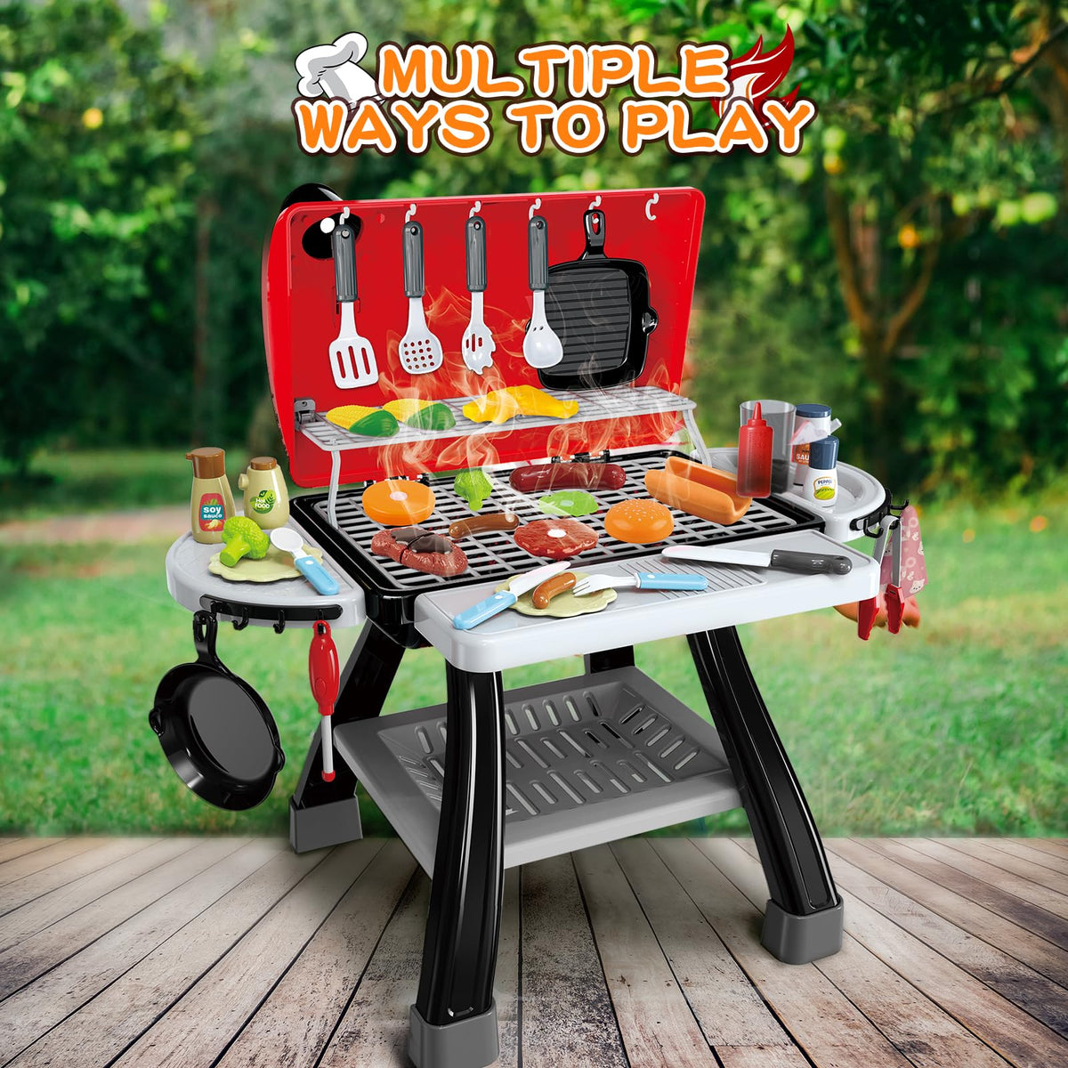 BSTOYDER Kids Play Kitchen Grill Set – 2-Layer BBQ with Smoke, Sound & Light (Ages 3-5)