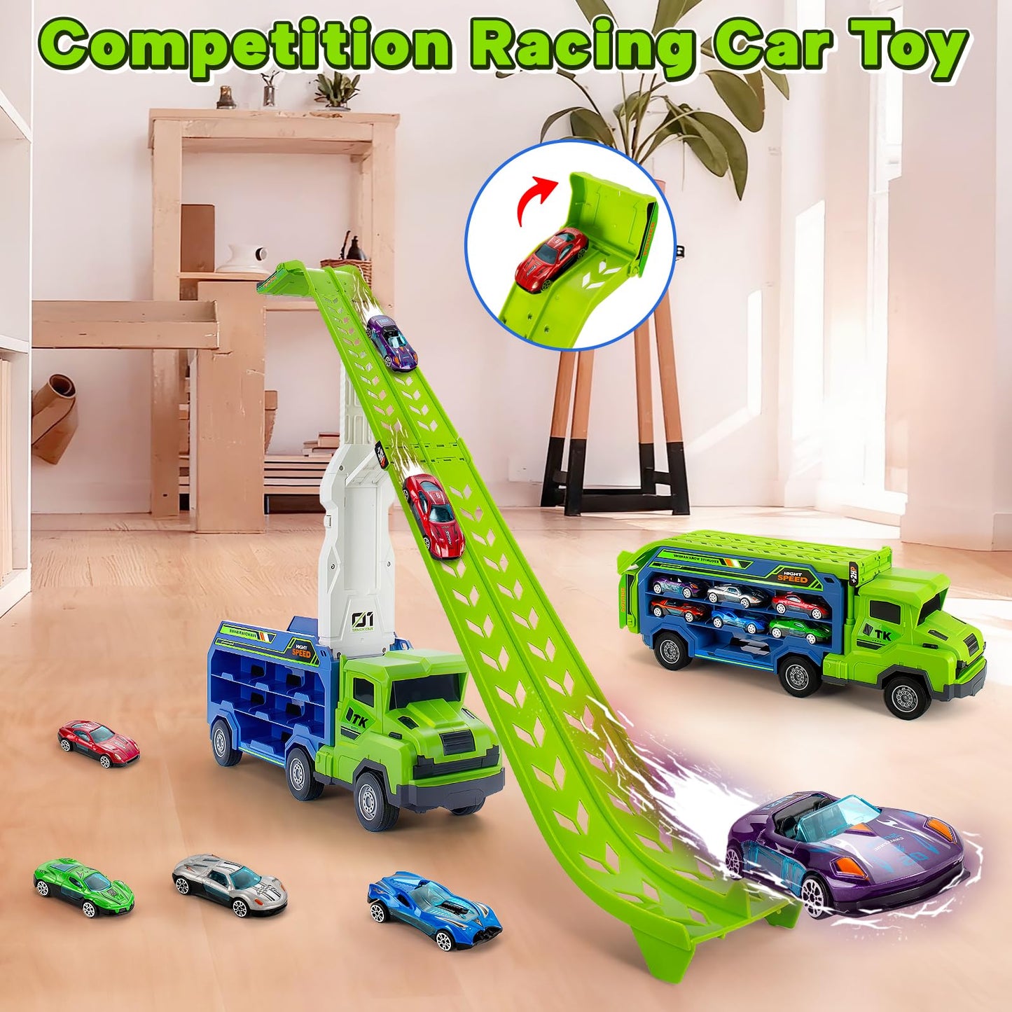 Bstoyder Car Carrier Truck Toy Set with Foldable Race Track & 6 Metal Cars