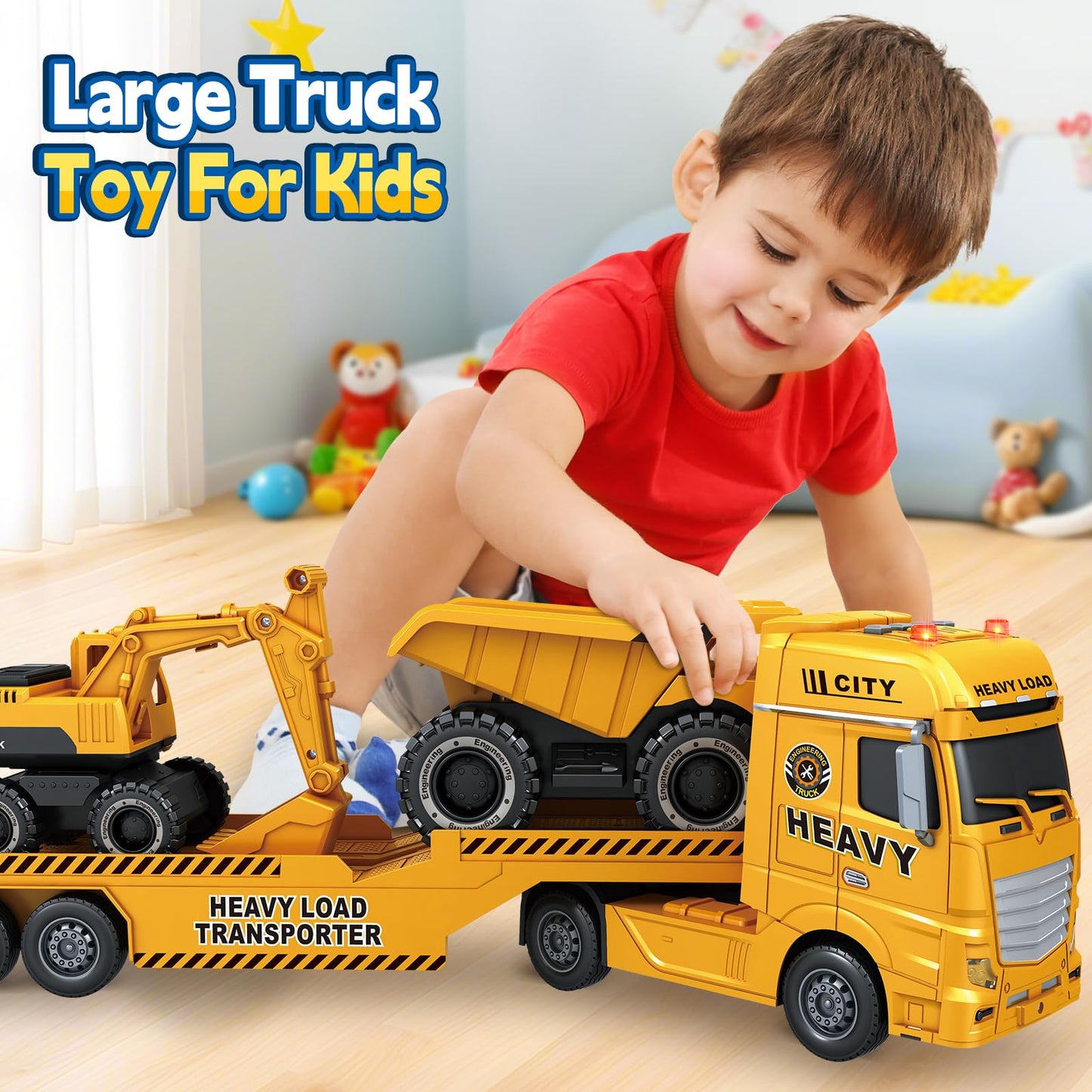 Bstoyder 25-Inch 3-in-1 Toddler Construction Truck with Excavator & Dump Truck
