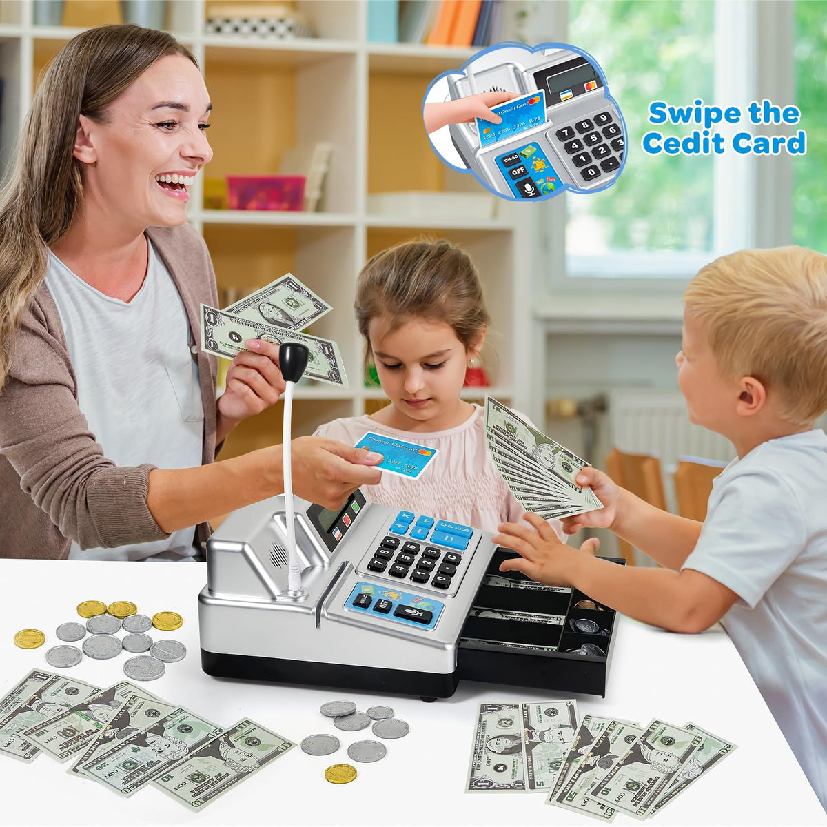 Bstoyder Calculator Cash Register Toy – 120-Piece Grocery Store Playset for Kids 3-8 (Silvery)