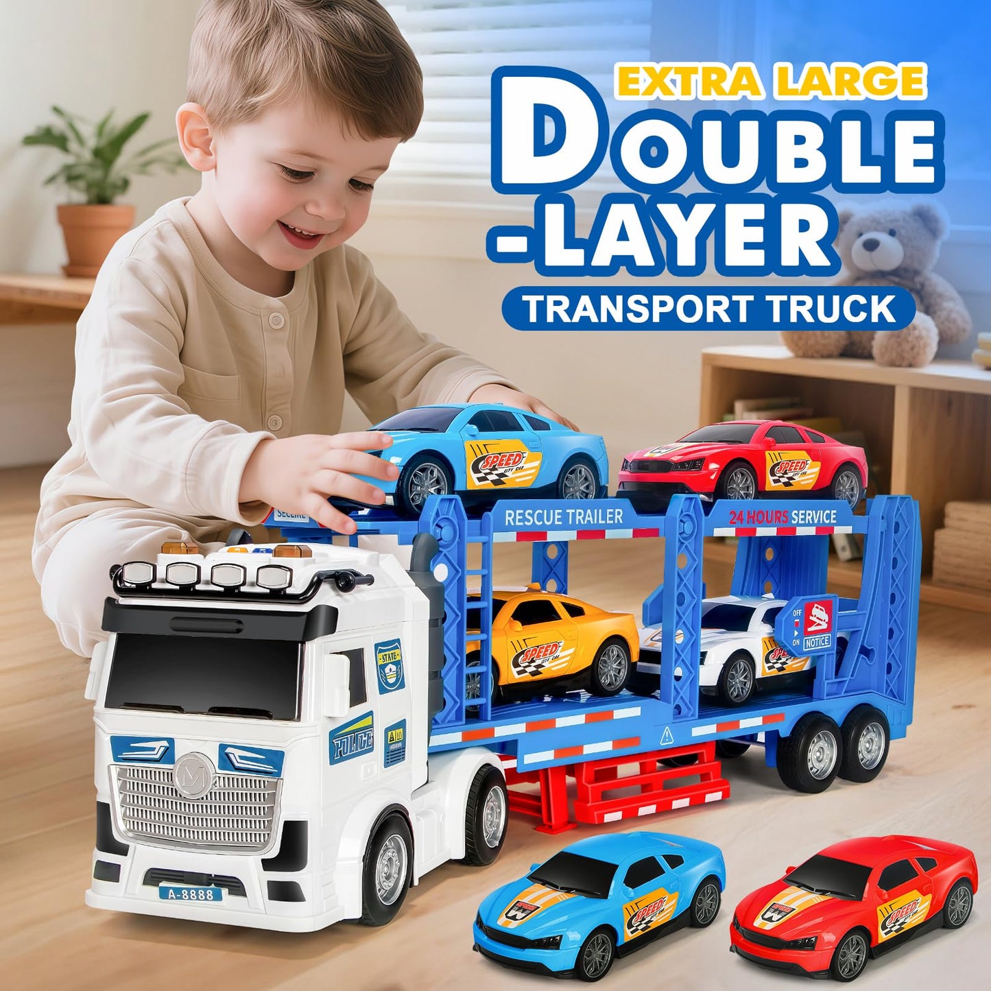 Bstoyder Toddler Truck Set — 21-Inch Carrier Truck with 4 Racing Cars, Lights & Sounds