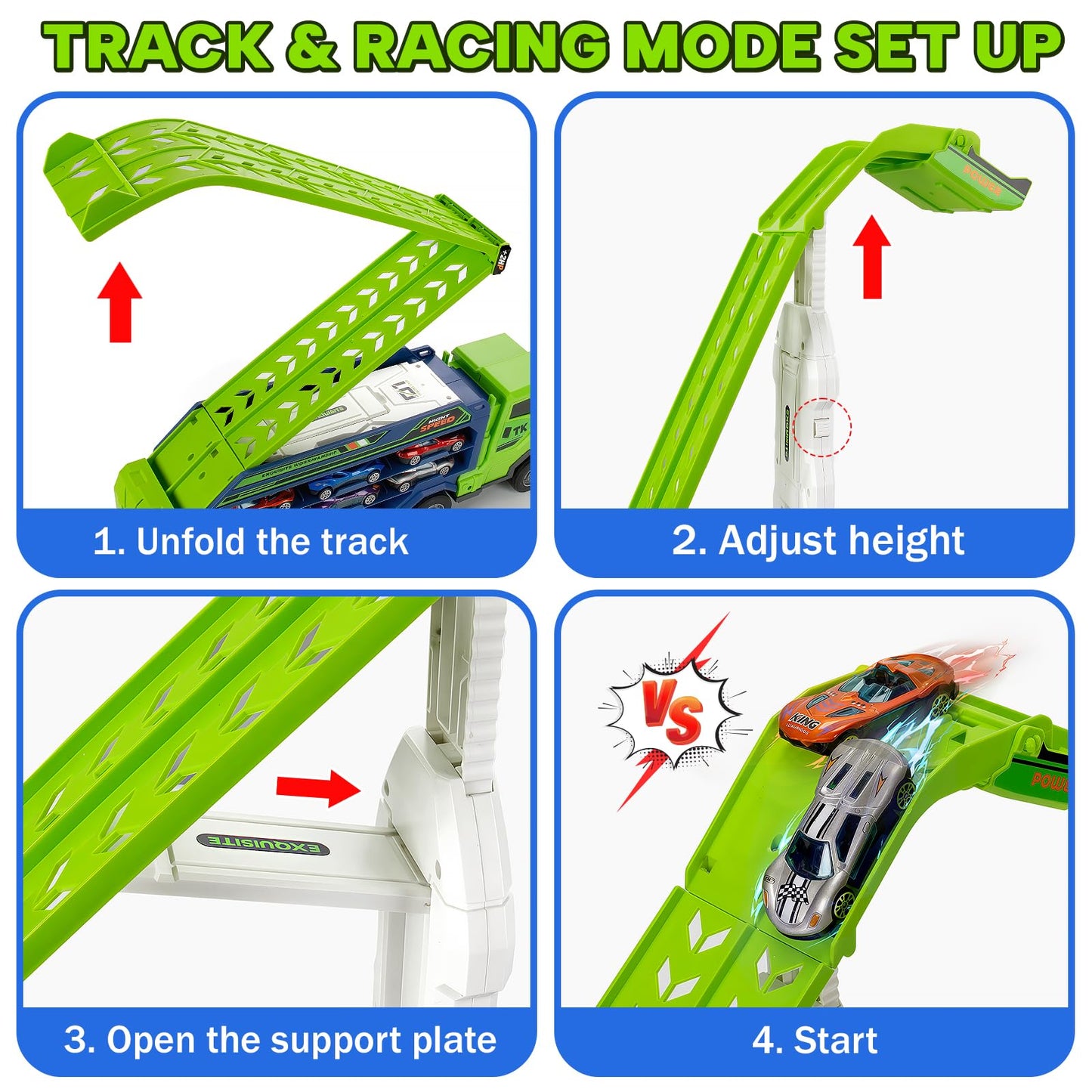 Bstoyder Car Carrier Truck Toy Set with Foldable Race Track & 6 Metal Cars