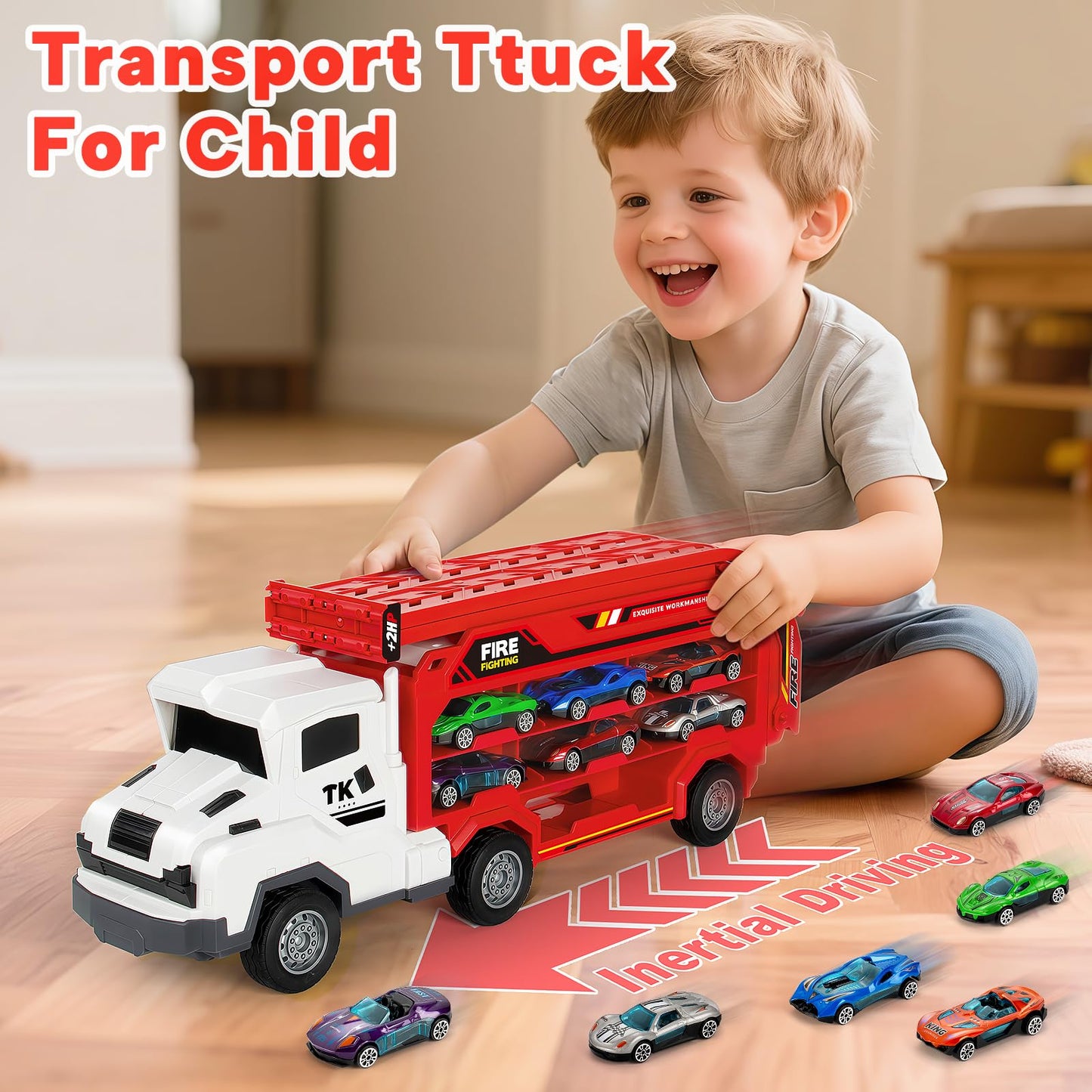Bstoyder Carrier Truck Race Track Toy for Kids 3-8 | Foldable 2-Layer Playset with 25-In Race Track and 6 Metal Cars