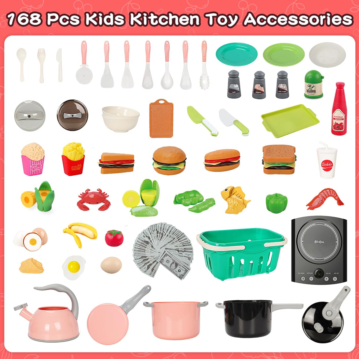 Bstoyder 168-Pcs Kids Play Kitchen Set with Induction Cooktop – Pretend Cooking & Money Play