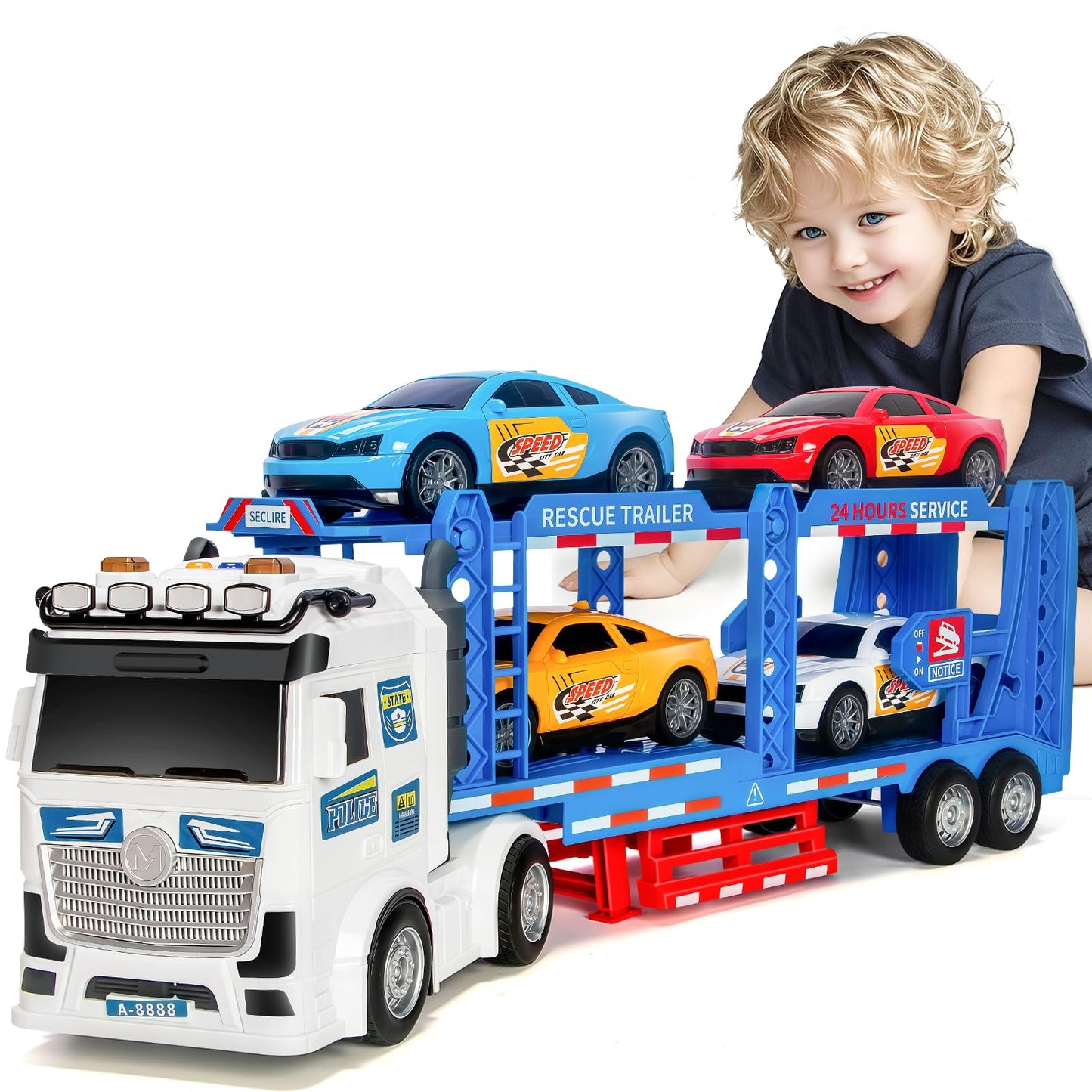 Bstoyder Toddler Truck Set — 21-Inch Carrier Truck with 4 Racing Cars, Lights & Sounds