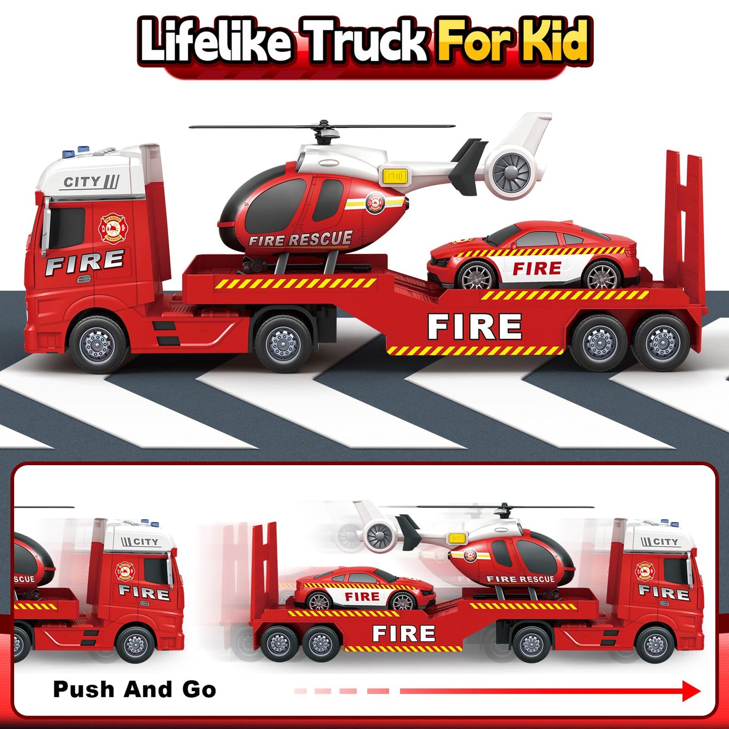 Bstoyder 25-Inch 3-in-1 Fire Truck Toy with Helicopter & Racing Car
