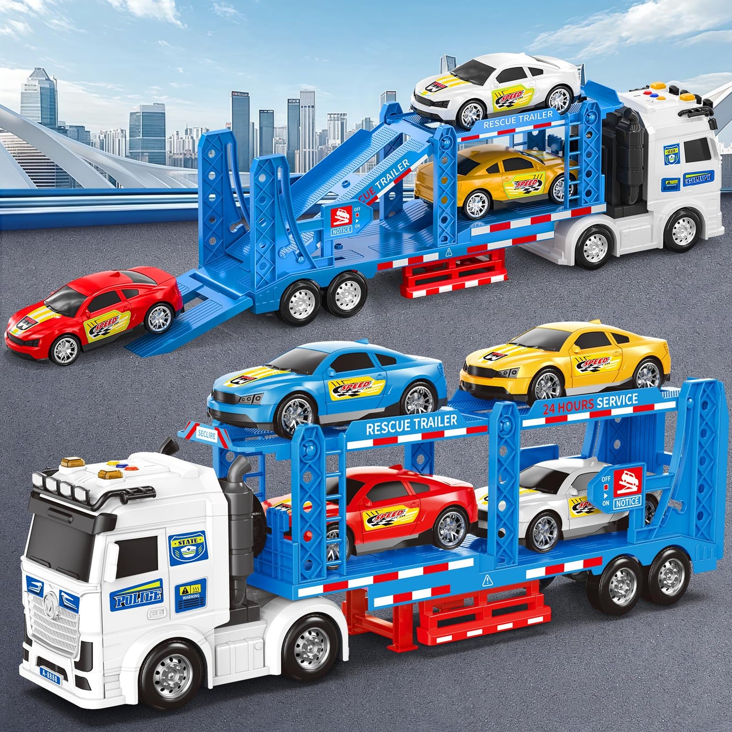 Bstoyder Toddler Truck Set — 21-Inch Carrier Truck with 4 Racing Cars, Lights & Sounds