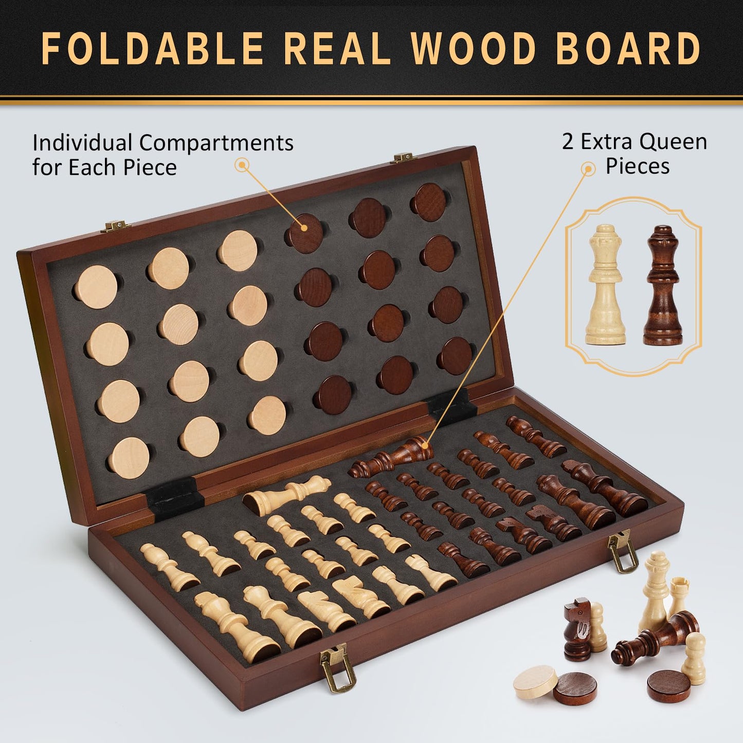 BSTOYDER 2-in-1 Magnetic Wooden Chess & Checkers Set – 15-inch Folding Travel Board with 2 Extra Queens