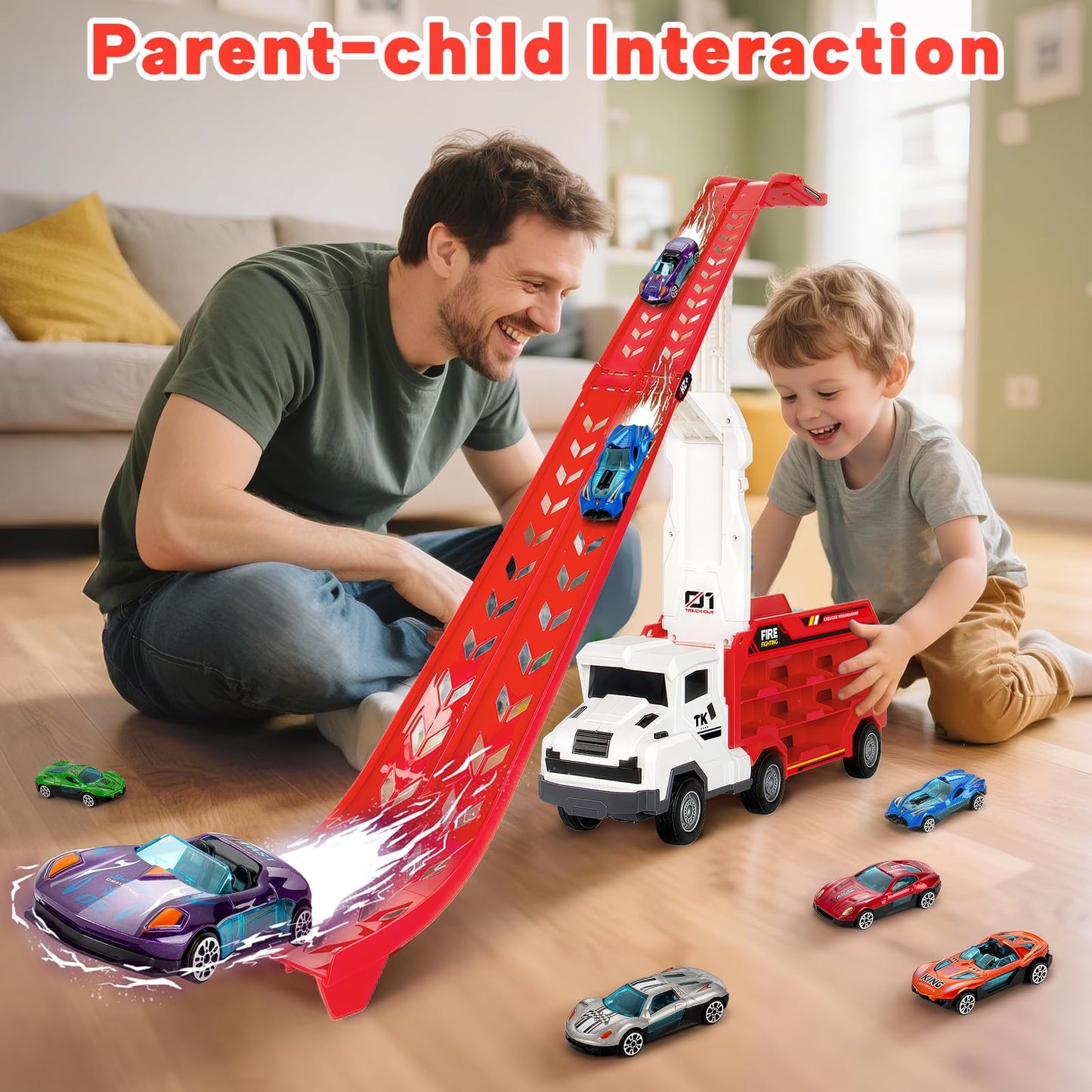 Bstoyder Carrier Truck Race Track Toy for Kids 3-8 | Foldable 2-Layer Playset with 25-In Race Track and 6 Metal Cars