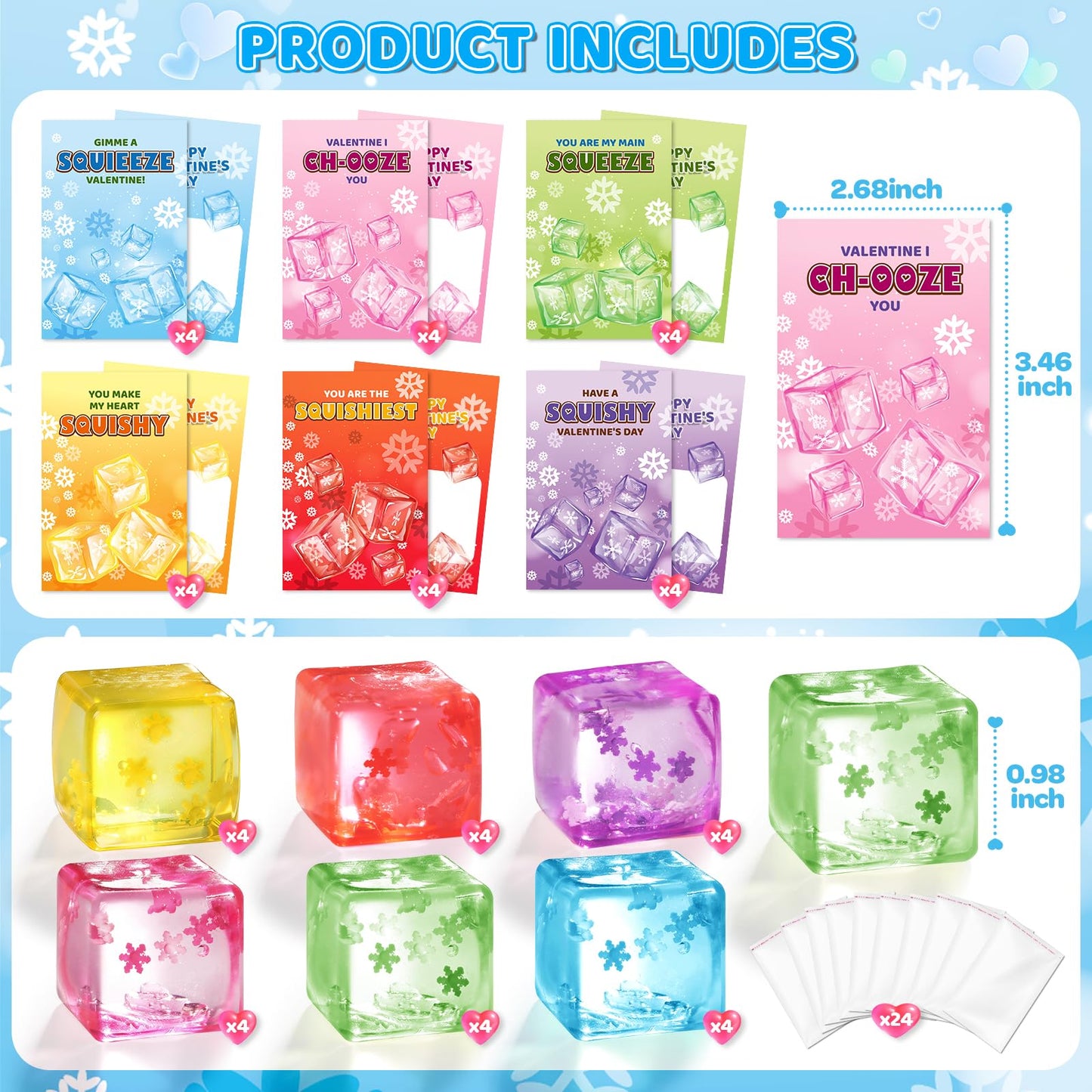 Bstoyder Valentine's Day Cards & Snow Cube Squeeze Balls — 24 Pack for Kids