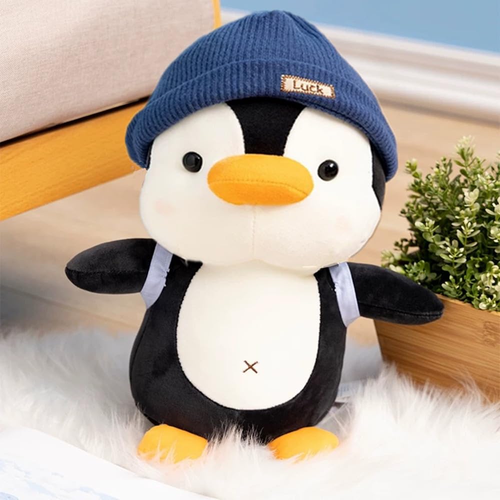 BSVOME 9-Inch Penguin Plush Toy with Hat – Cute Travel Backpack Doll