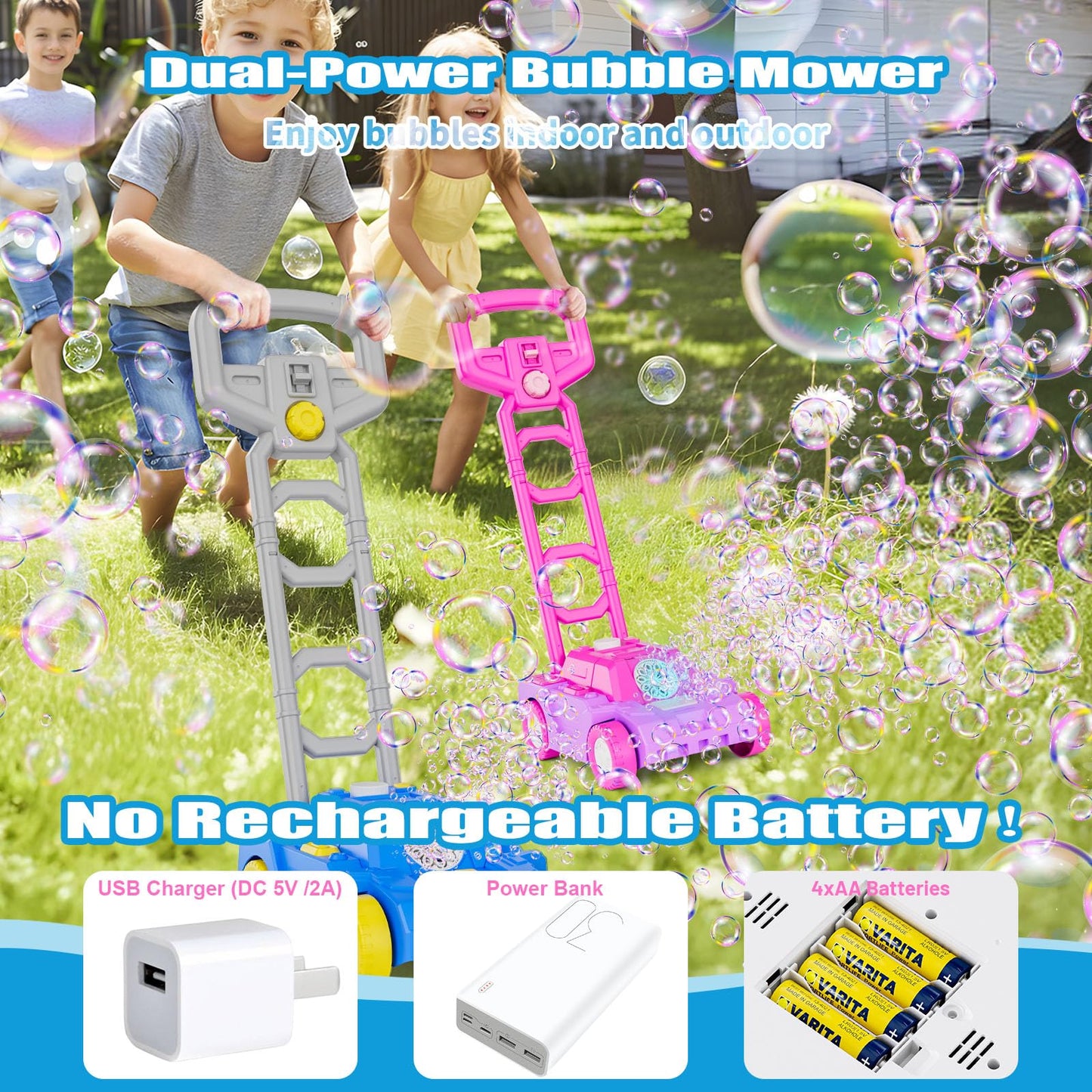 Bttyu Bubble Lawn Mower for Toddlers – Plug-In or Battery Bubble Machine for Pretend Play