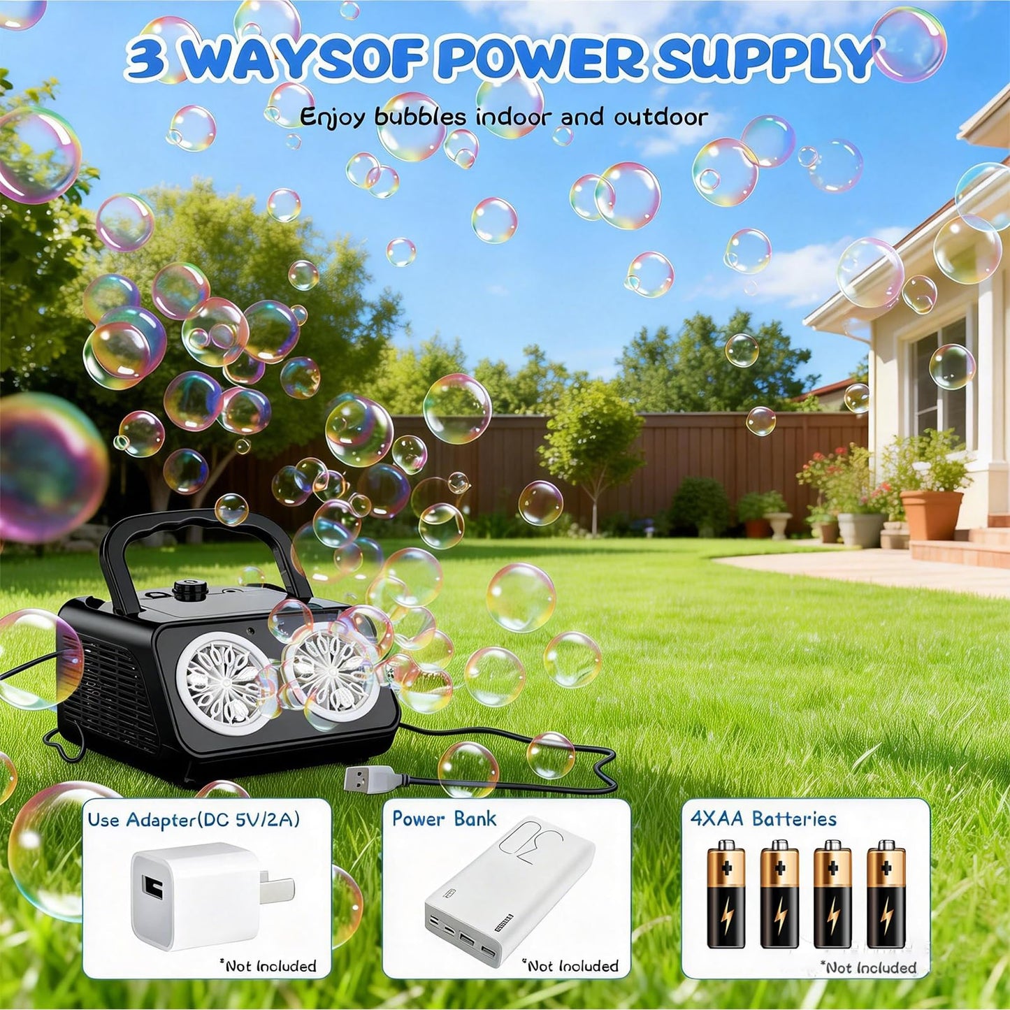Bttyu Dual-Fan Bubble Machine — 20,000+ Bubbles/Min, Indoor/Outdoor, Plug-In or Battery Powered