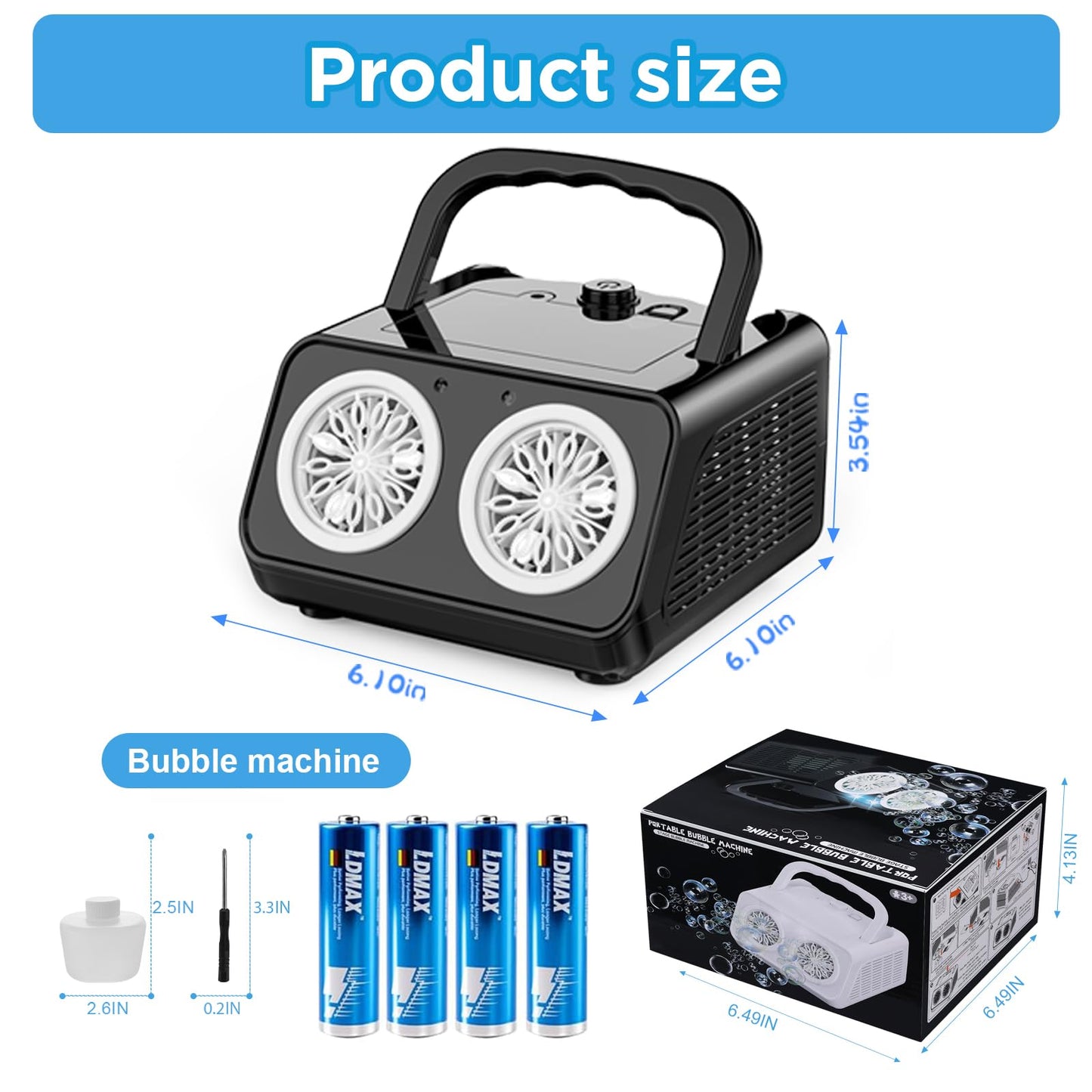 Bttyu Dual-Fan Bubble Machine — 20,000+ Bubbles/Min, Indoor/Outdoor, Plug-In or Battery Powered