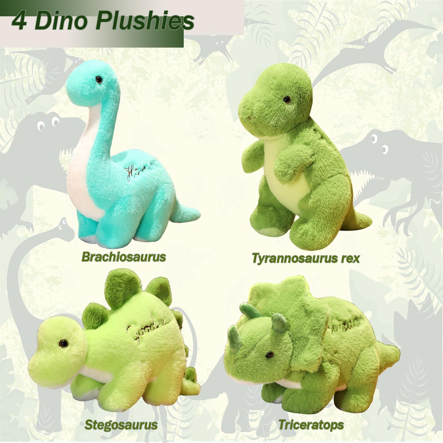 BUALR 4-Pcs Dinosaur Plush Toys Set | Soft Dino Plushies for Kids