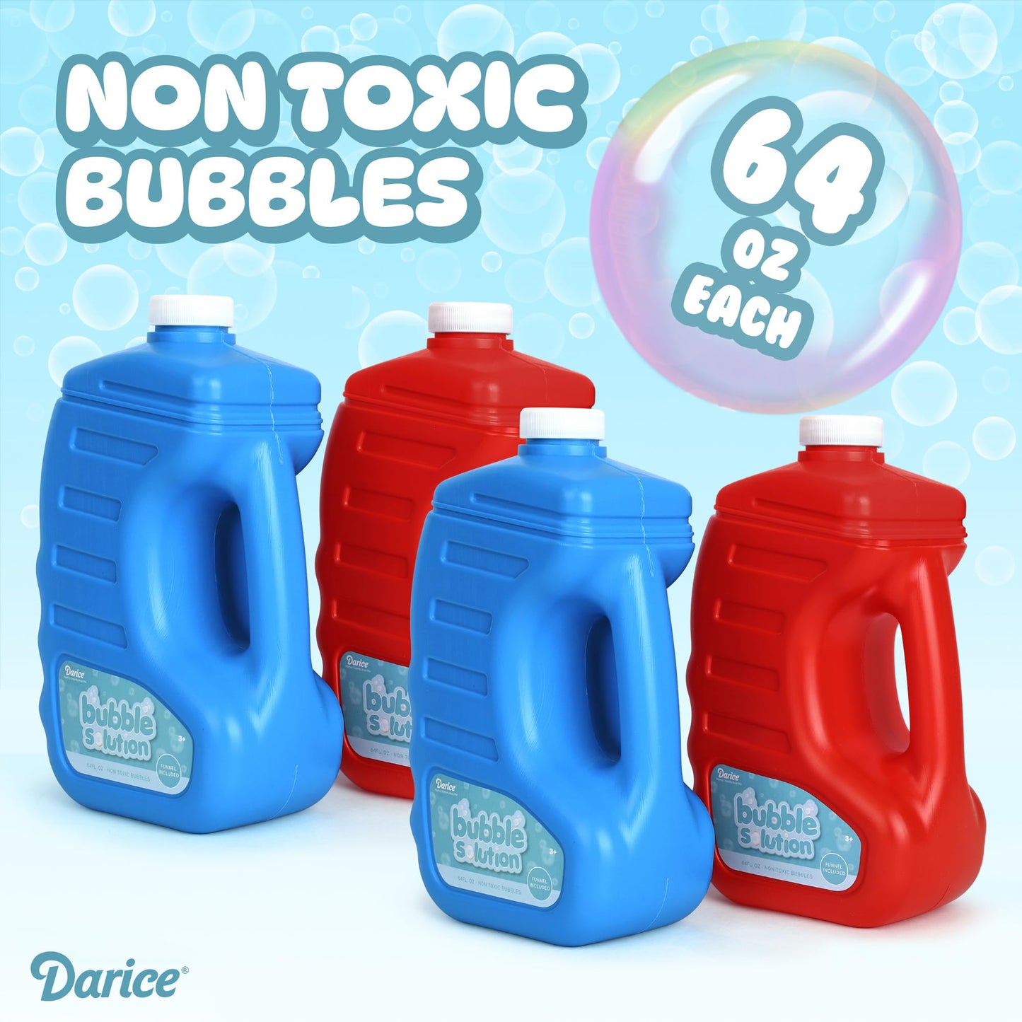 Bubble Play Darice Bubble Solution 4 Pack (256 oz) – Non-Toxic Refill for Bubble Machines & Wands, 8 Big Wands Included