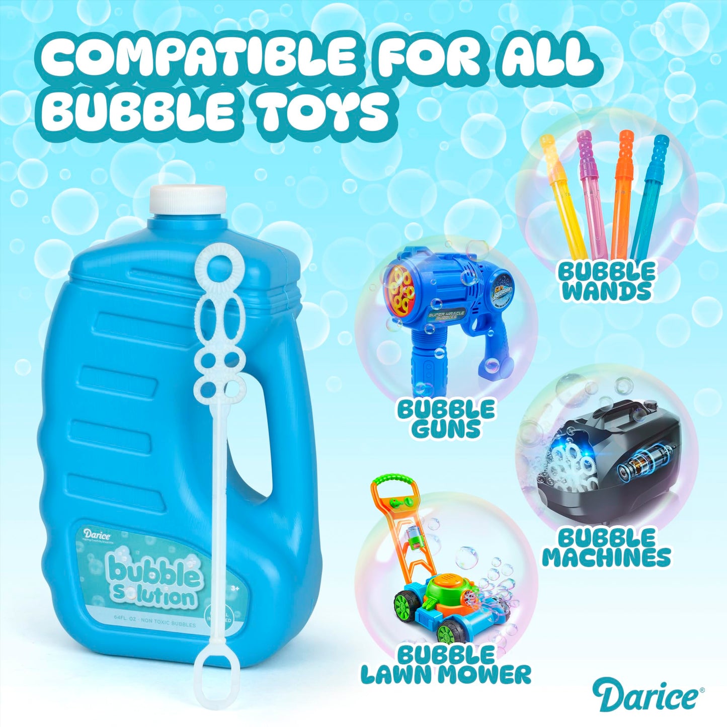 Bubble Play Darice Bubble Solution 4 Pack (256 oz) – Non-Toxic Refill for Bubble Machines & Wands, 8 Big Wands Included