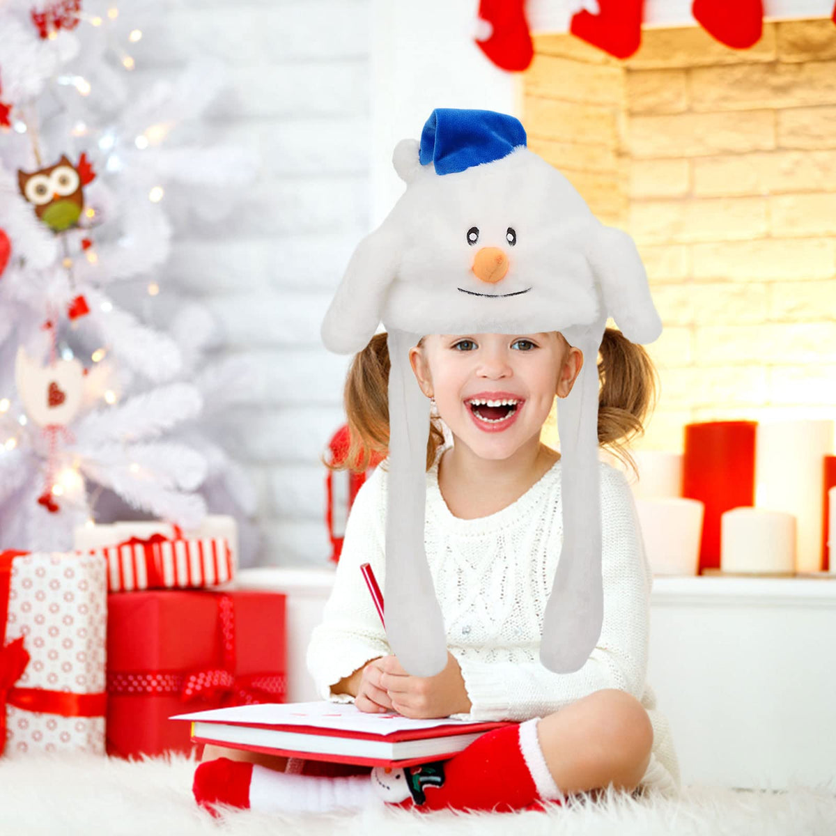 Bubblepompom Snowman Hat with Moving Ears – 22-Inch Plush Xmas Hat for Kids