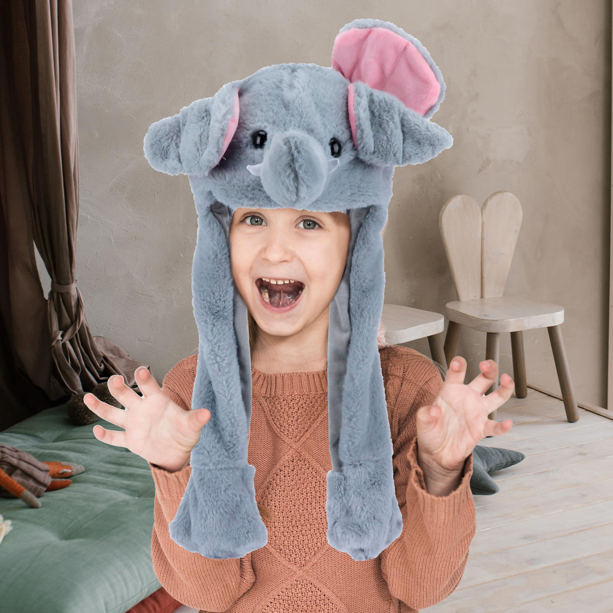 Bubblepompom Elephant Hat with Moving Ears – Plush Kids Hat for Photos, Cosplay, and Party Fun