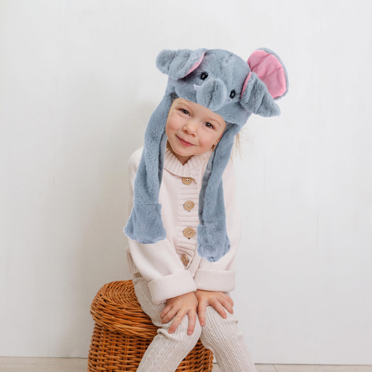 Bubblepompom Elephant Hat with Moving Ears – Plush Kids Hat for Photos, Cosplay, and Party Fun