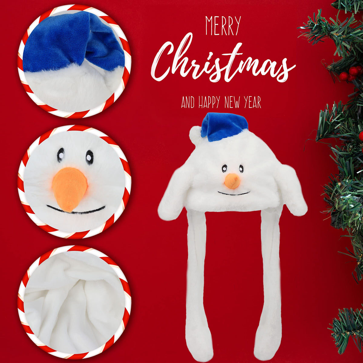 Bubblepompom Snowman Hat with Moving Ears – 22-Inch Plush Xmas Hat for Kids