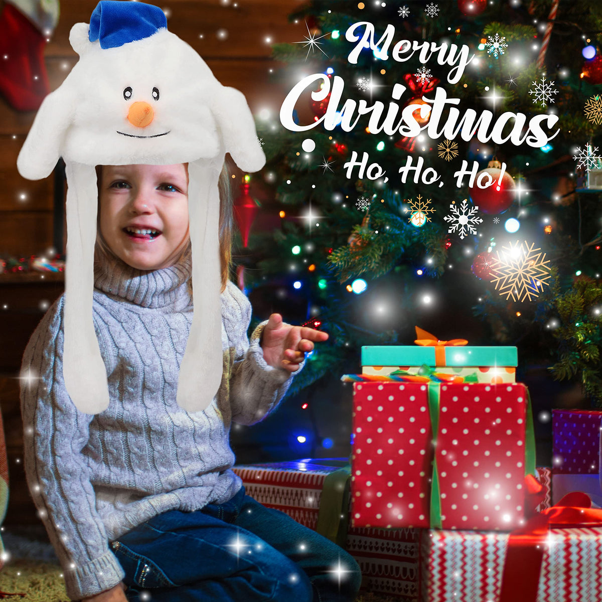 Bubblepompom Snowman Hat with Moving Ears – 22-Inch Plush Xmas Hat for Kids