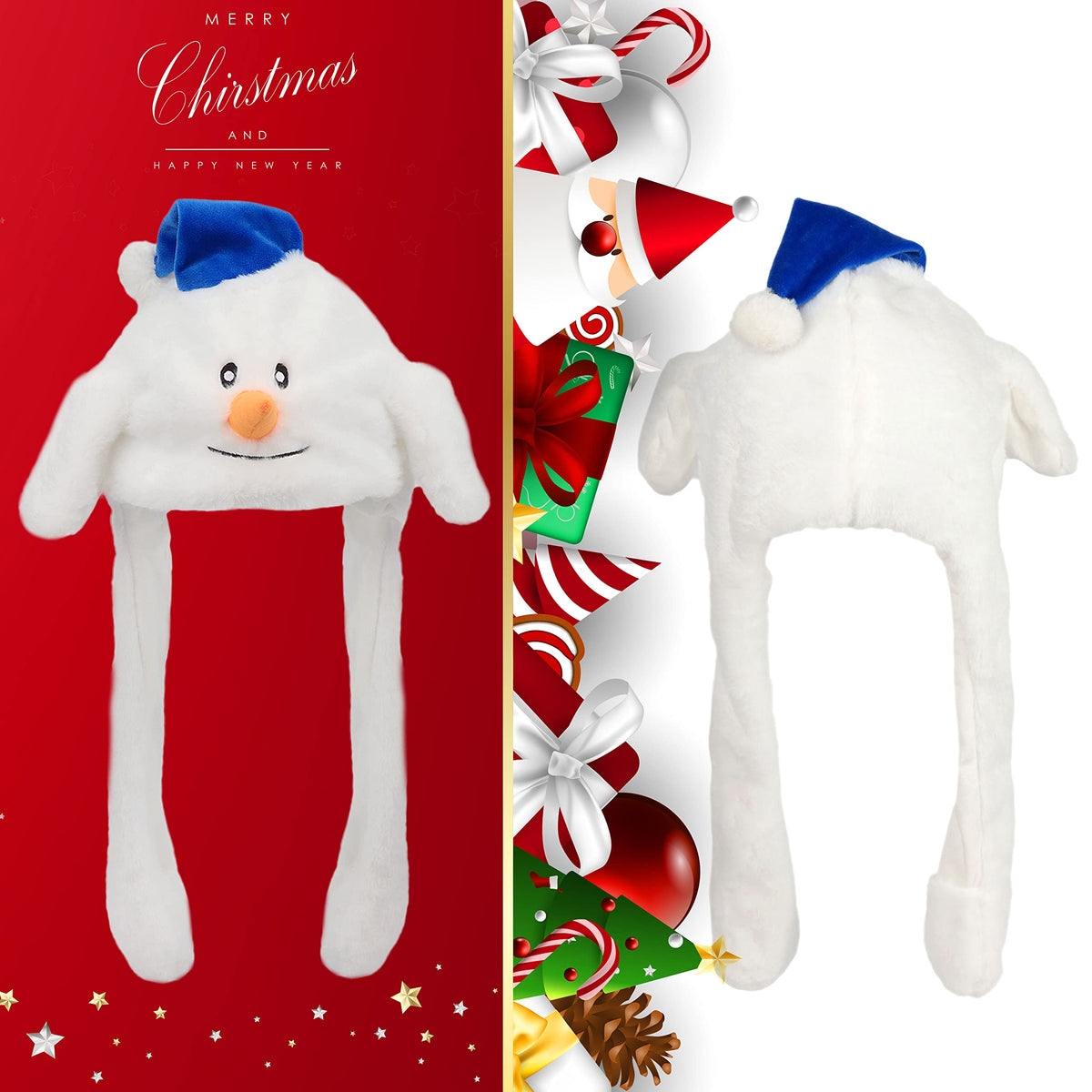 Bubblepompom Snowman Hat with Moving Ears – 22-Inch Plush Xmas Hat for Kids